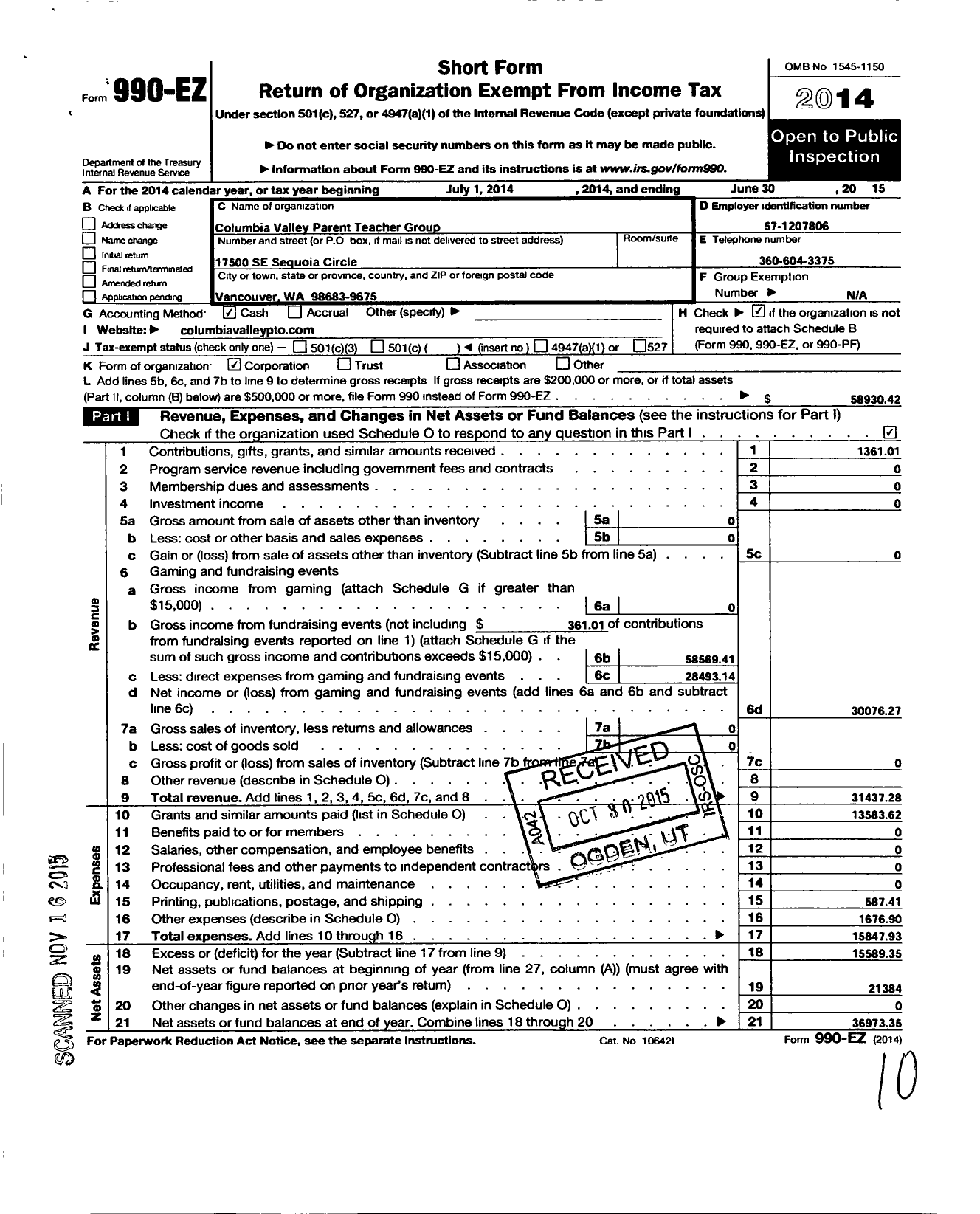 Image of first page of 2014 Form 990EO for Columbia Valley Parent Teacher Group