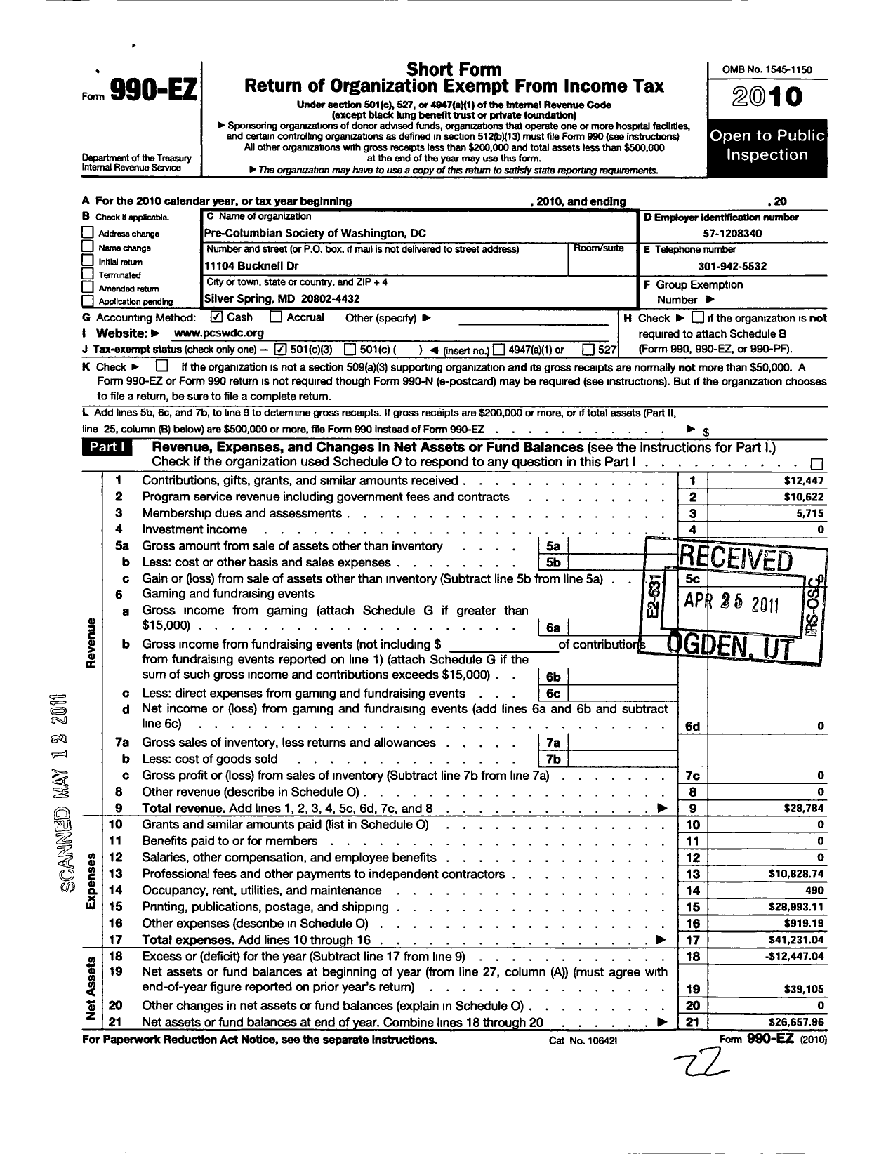 Image of first page of 2010 Form 990EZ for Pre-Columbian Society of Washington DC