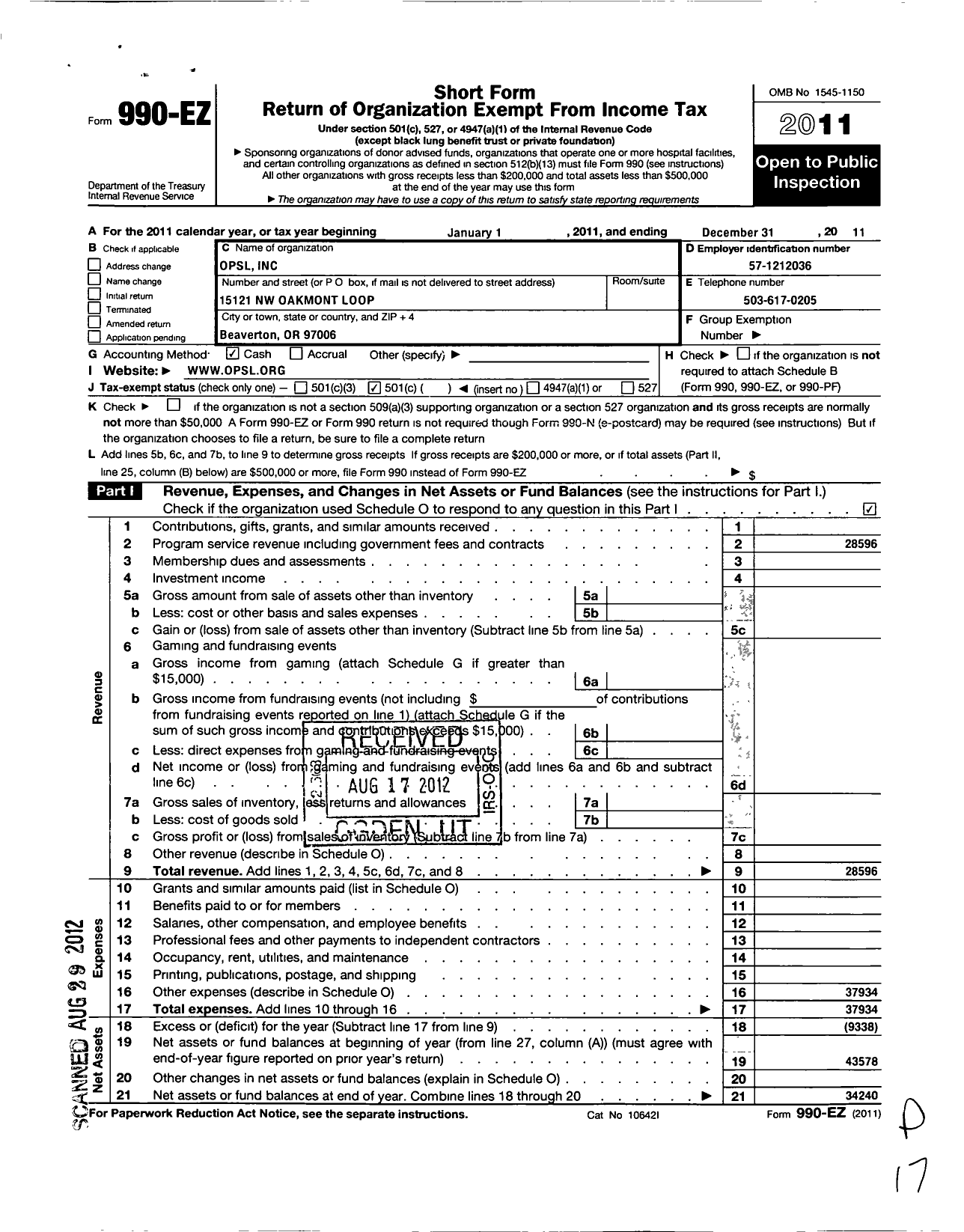 Image of first page of 2011 Form 990EO for Oregon Premier Soccer League