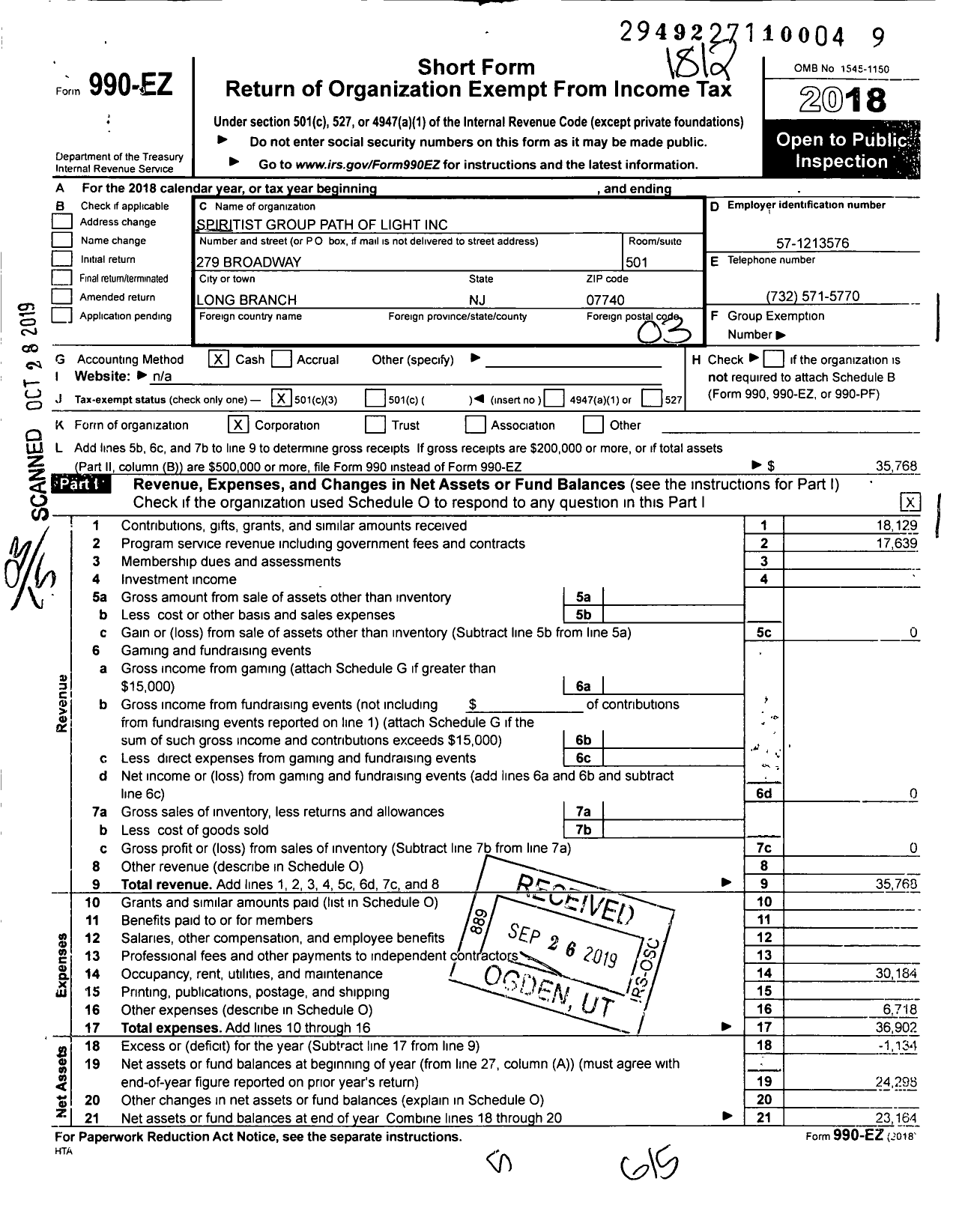 Image of first page of 2018 Form 990EZ for Spiritist Group Path of Light