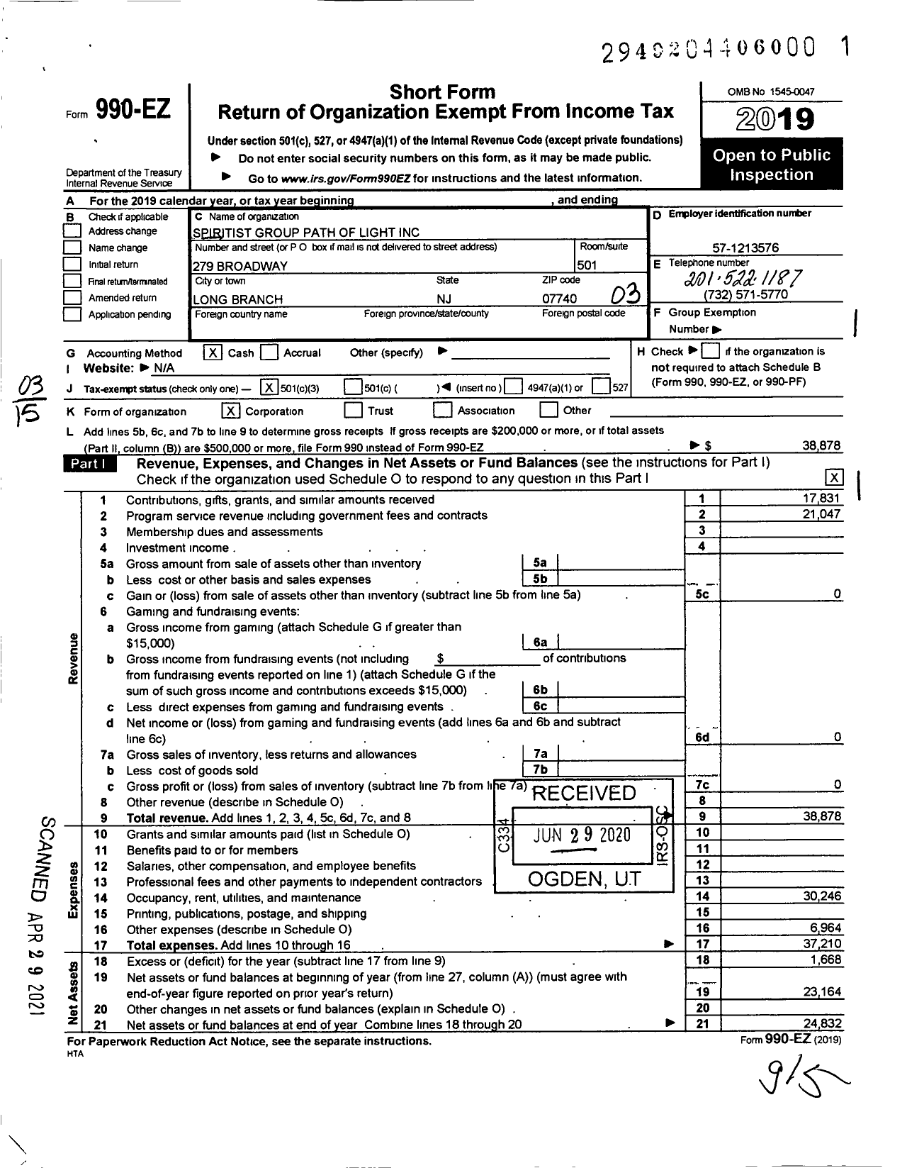 Image of first page of 2019 Form 990EZ for Spiritist Group Path of Light