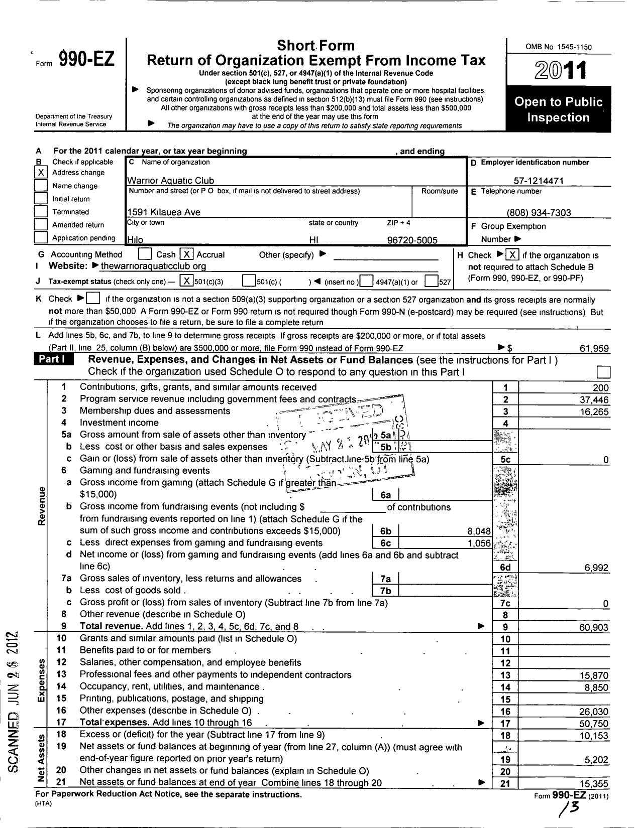 Image of first page of 2011 Form 990EZ for Warrior Aquatic Club