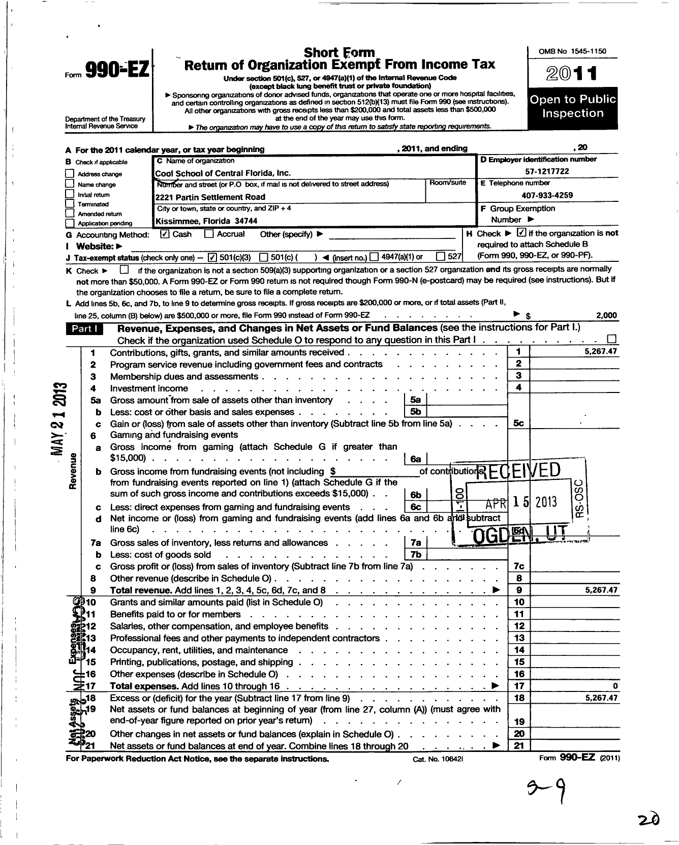 Image of first page of 2011 Form 990EZ for Cool School of Central Florida