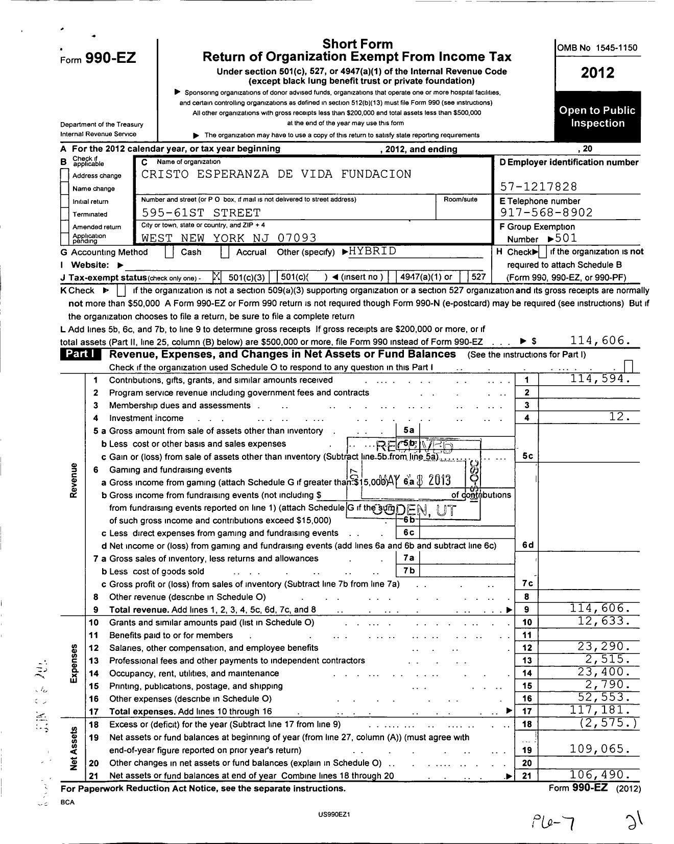 Image of first page of 2012 Form 990EZ for Cristo Esperanza de Vida Fundacion