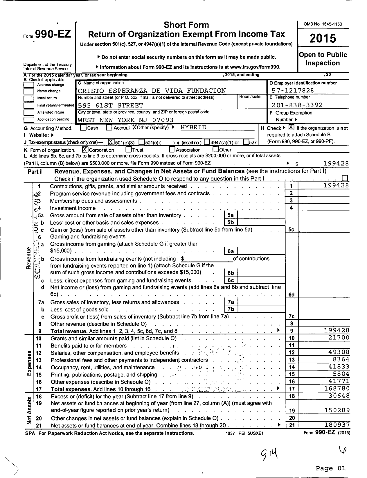 Image of first page of 2015 Form 990EZ for Cristo Esperanza de Vida Fundacion