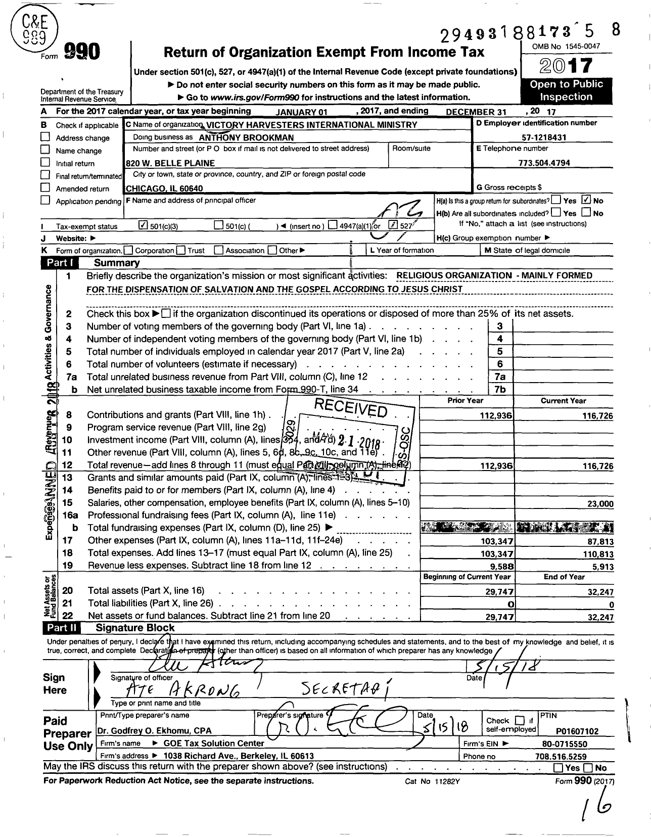 Image of first page of 2017 Form 990 for Victory Harvesters International Ministry