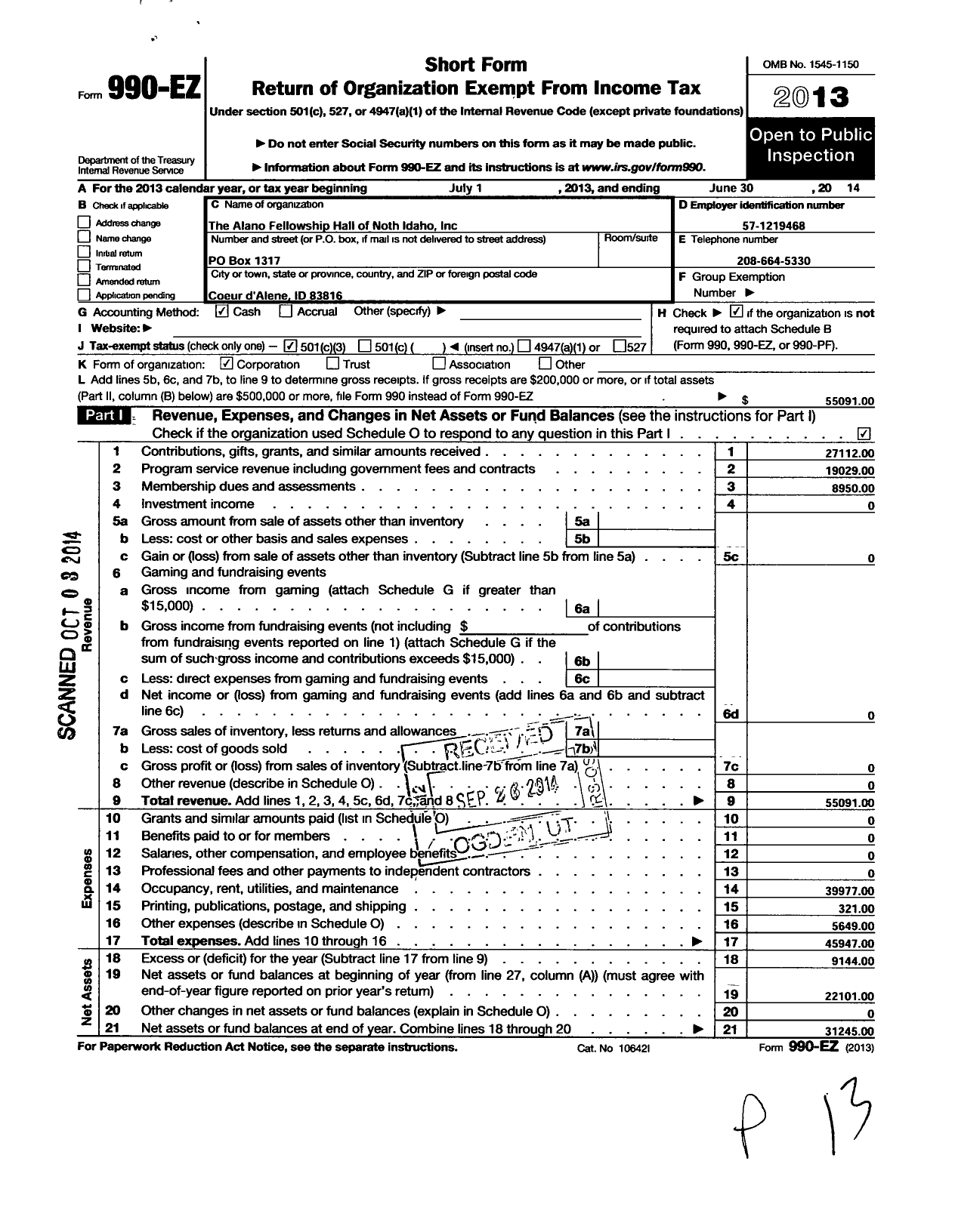 Image of first page of 2013 Form 990EZ for Alano Fellowship Hall of North Idaho Incorporated