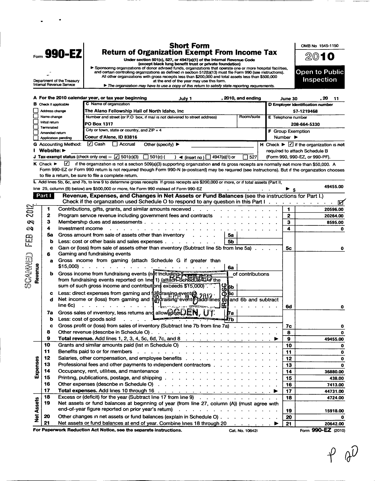 Image of first page of 2010 Form 990EZ for Alano Fellowship Hall of North Idaho Incorporated