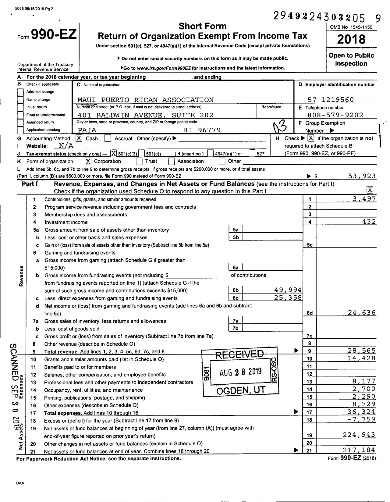 Image of first page of 2018 Form 990EZ for Maui Puerto Rican Association