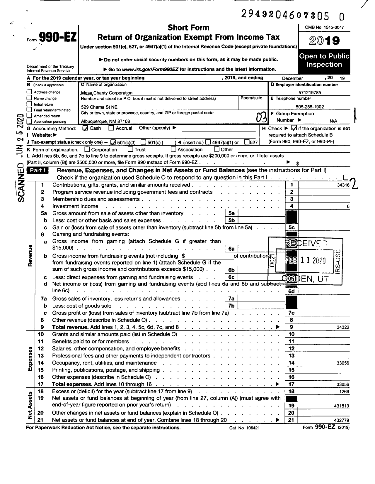 Image of first page of 2019 Form 990EZ for Mesa Charity Corporation