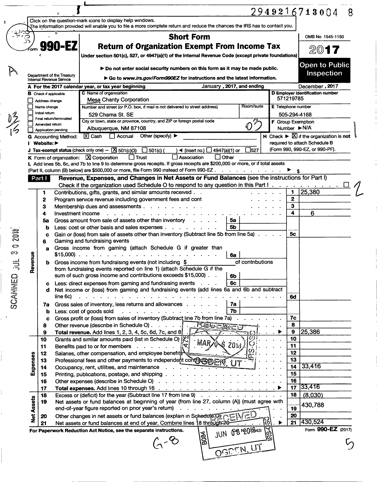 Image of first page of 2017 Form 990EZ for Mesa Charity Corporation