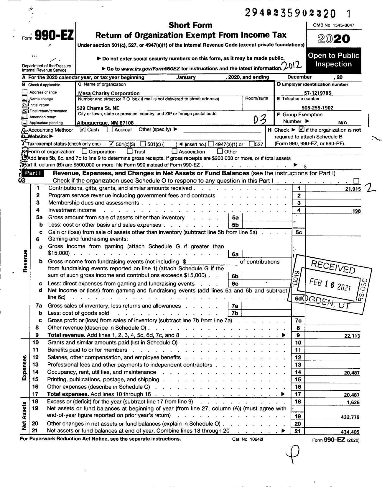 Image of first page of 2020 Form 990EZ for Mesa Charity Corporation