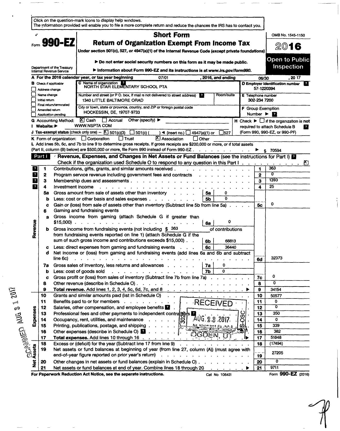 Image of first page of 2016 Form 990EZ for PTA Delaware Congress North Star Elementary School