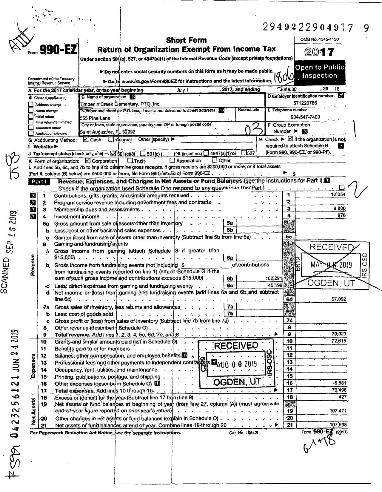 Image of first page of 2017 Form 990EZ for Timberlin Creek Elementary School PTSO