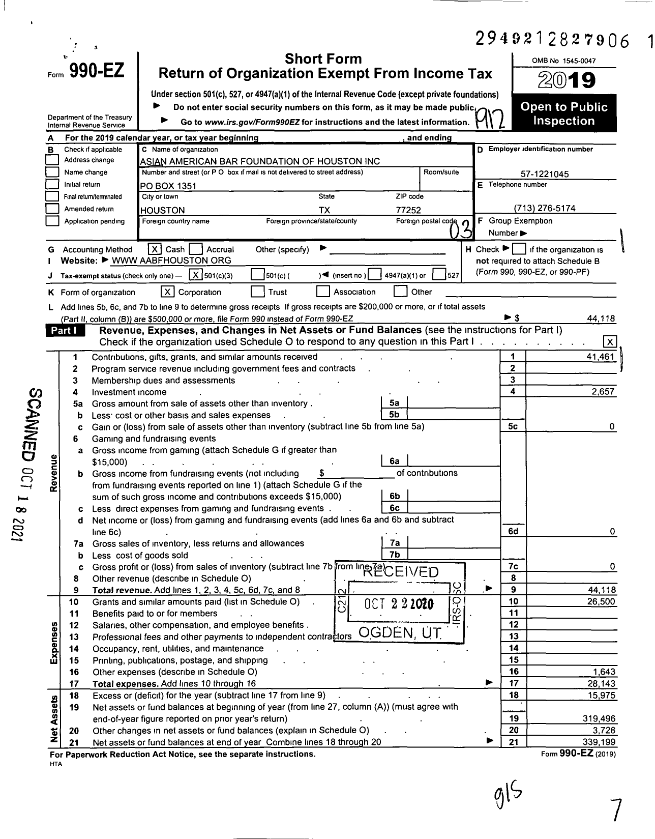 Image of first page of 2019 Form 990EZ for Asian American Bar Foundation of Houston