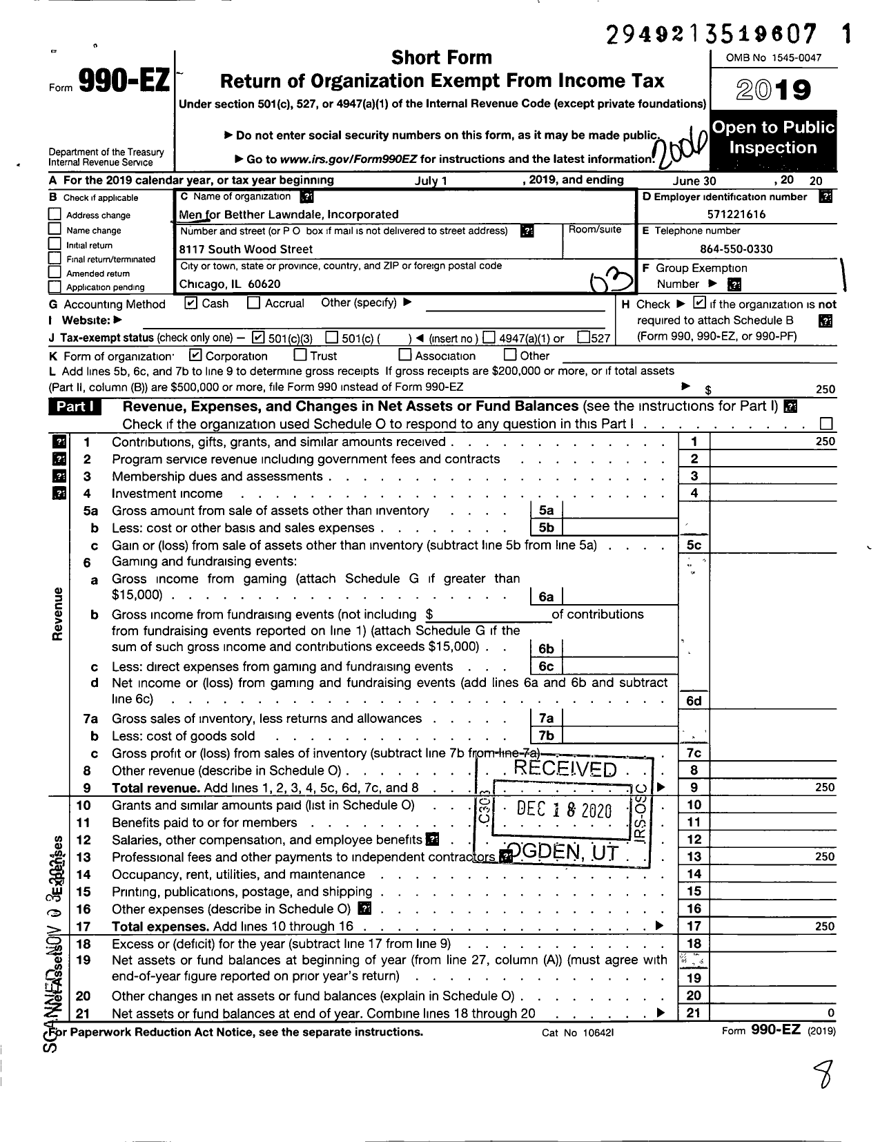 Image of first page of 2019 Form 990EZ for Men for Better Lawndale Incorporated