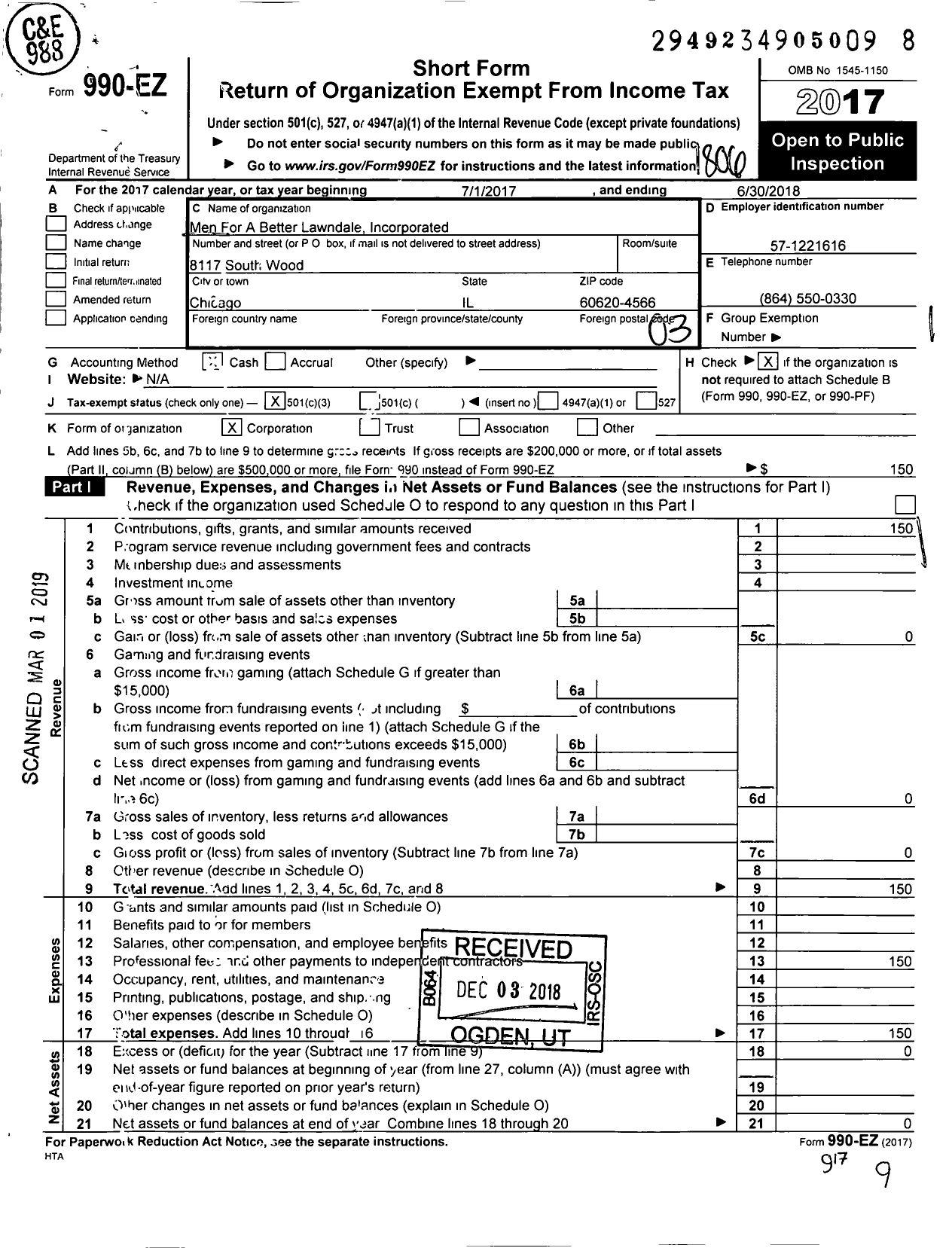 Image of first page of 2017 Form 990EZ for Men for Better Lawndale Incorporated