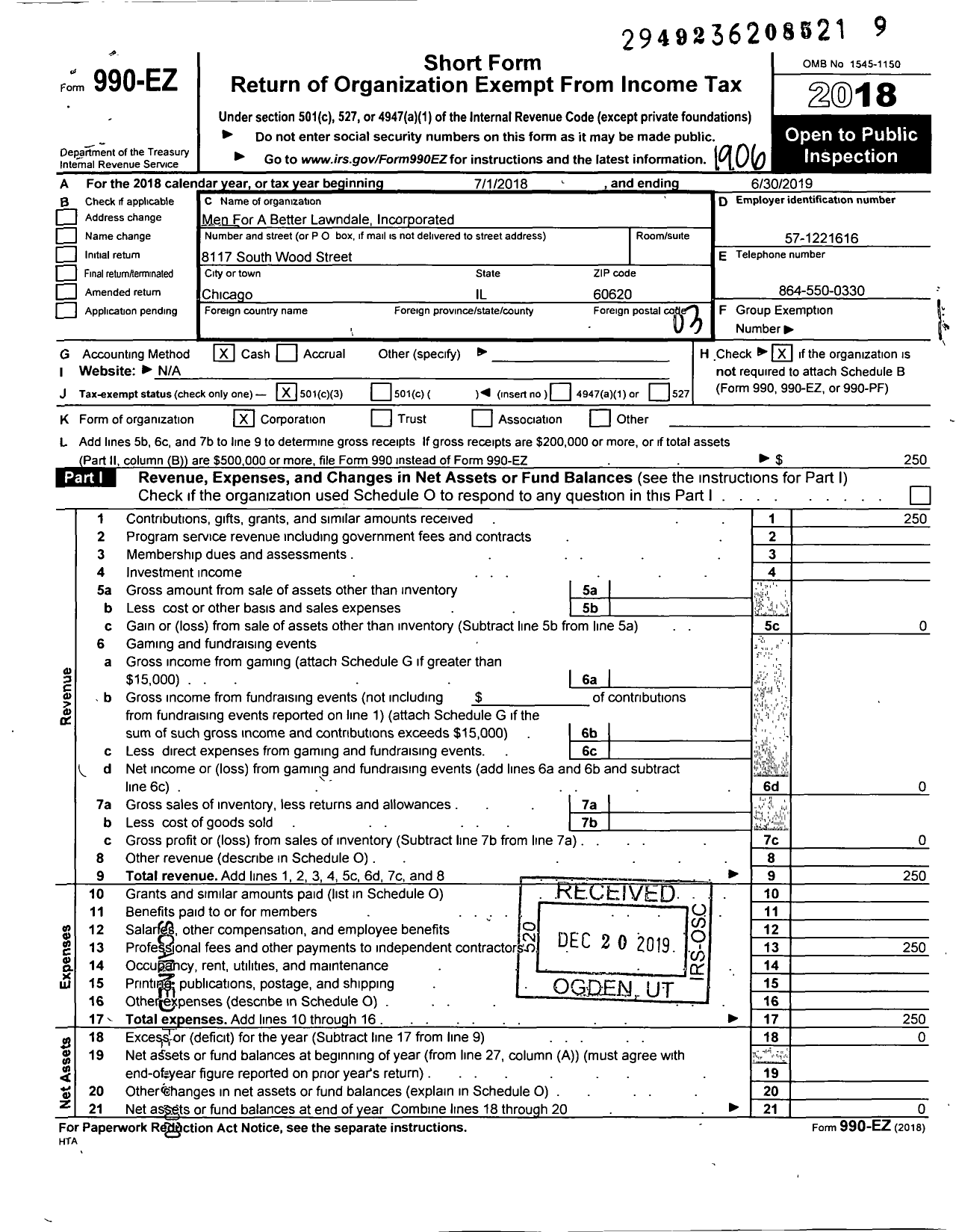 Image of first page of 2018 Form 990EZ for Men for Better Lawndale Incorporated