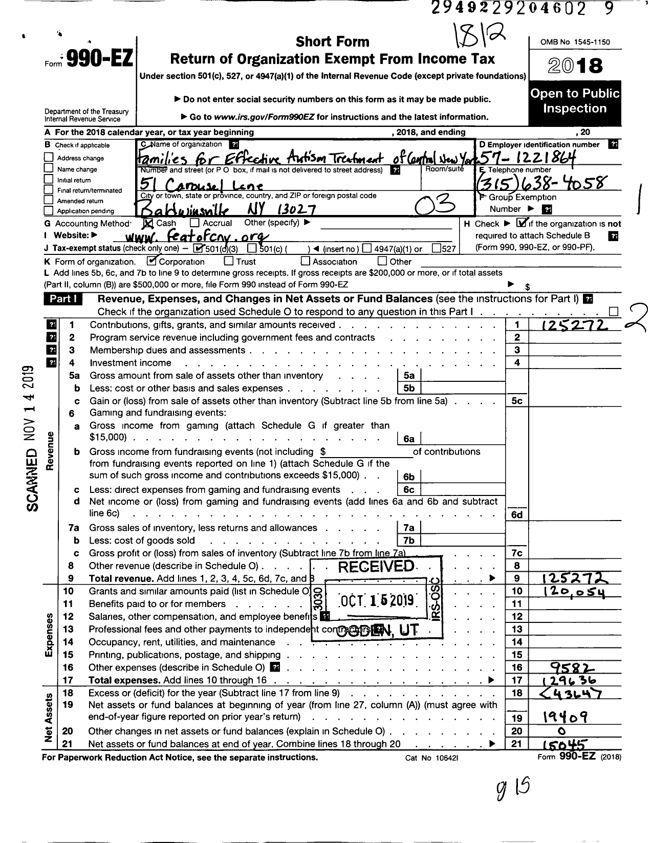 Image of first page of 2018 Form 990EZ for Families for Effective Autism Treatment of Central New York