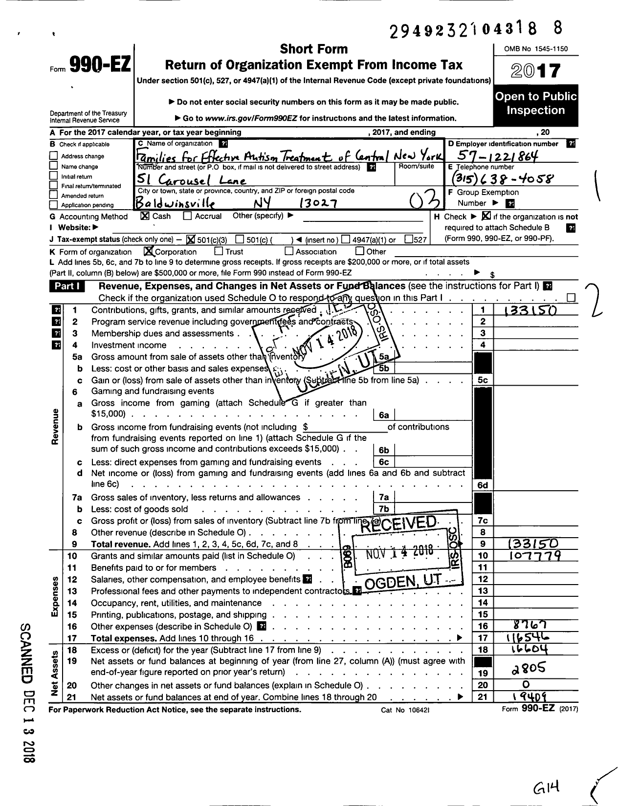 Image of first page of 2017 Form 990EZ for Families for Effective Autism Treatment of Central New York