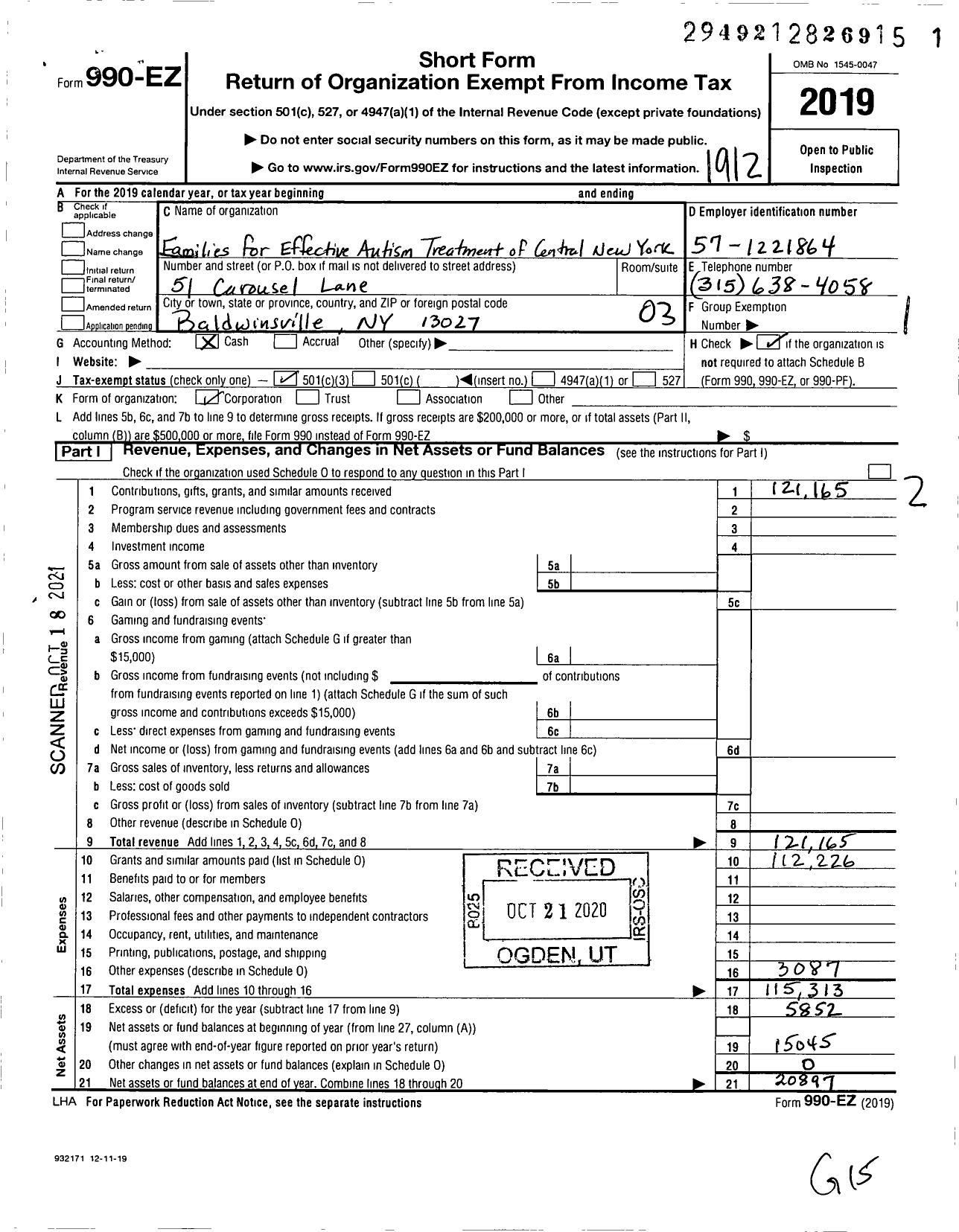 Image of first page of 2019 Form 990EZ for Families for Effective Autism Treatment of Central New York