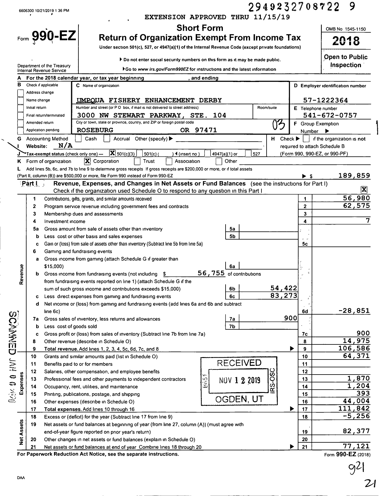 Image of first page of 2018 Form 990EZ for Umpqua Fishery Enhancement Derby