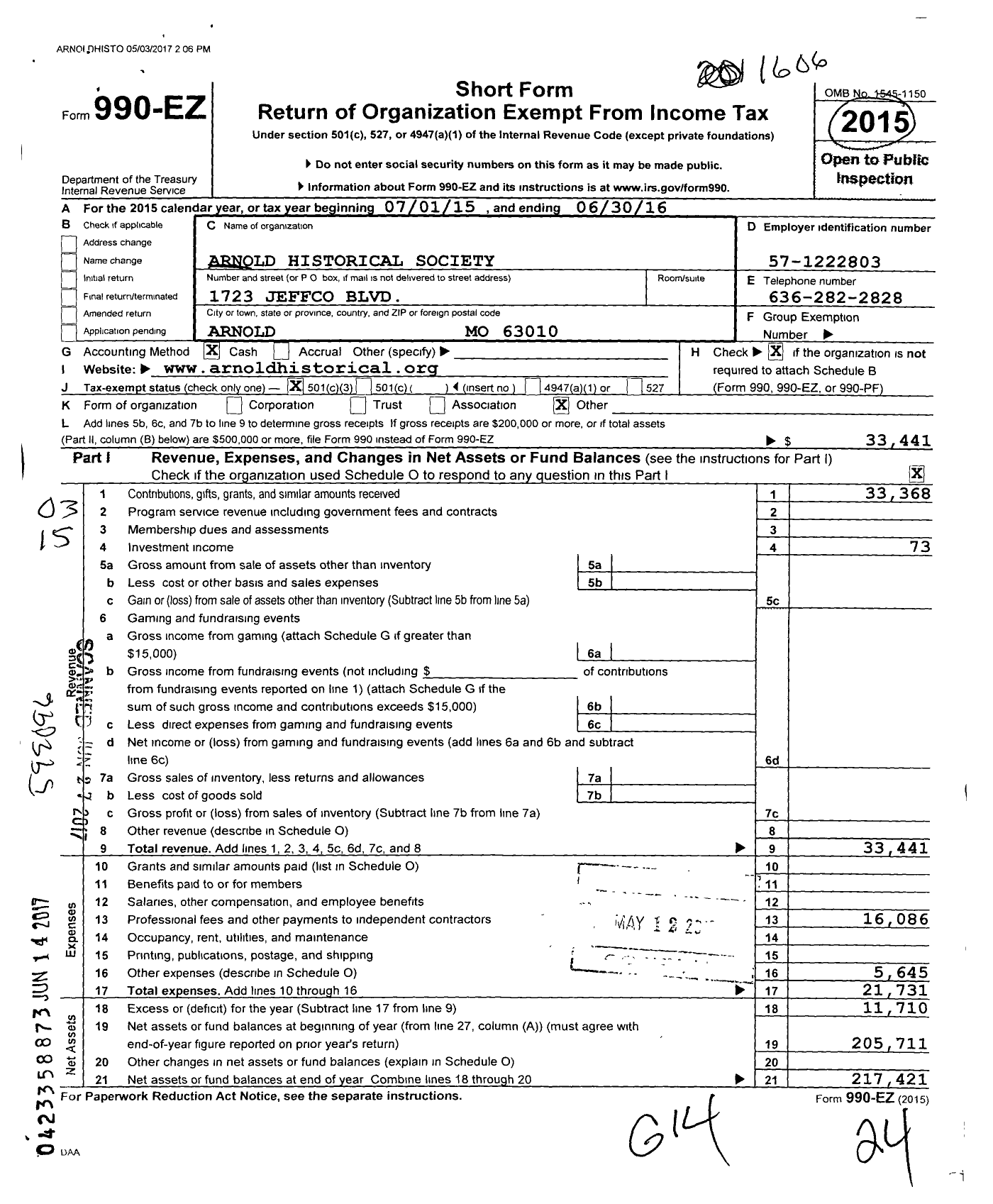 Image of first page of 2015 Form 990EZ for Arnold Missouri Historical Society