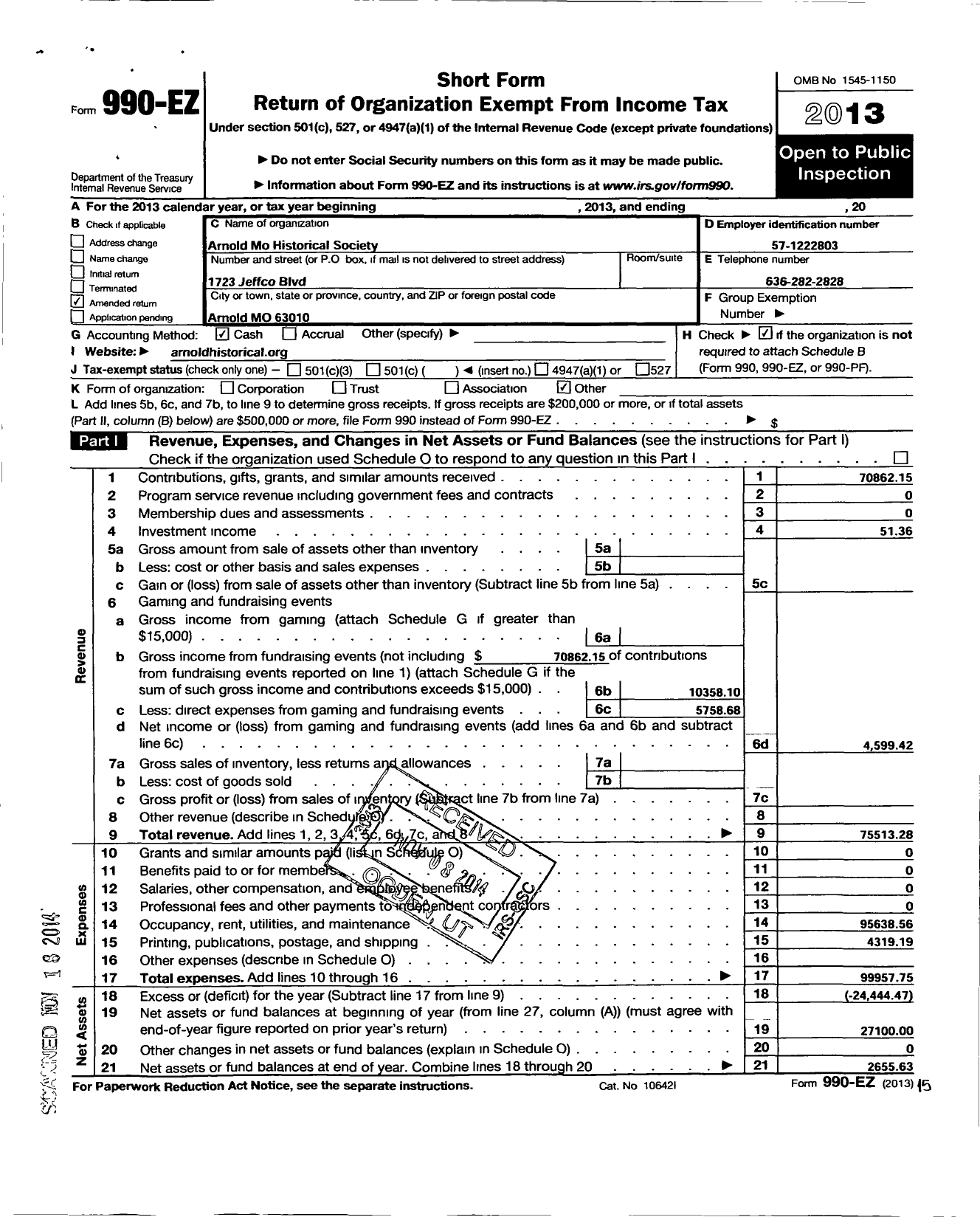 Image of first page of 2013 Form 990EO for Arnold Missouri Historical Society