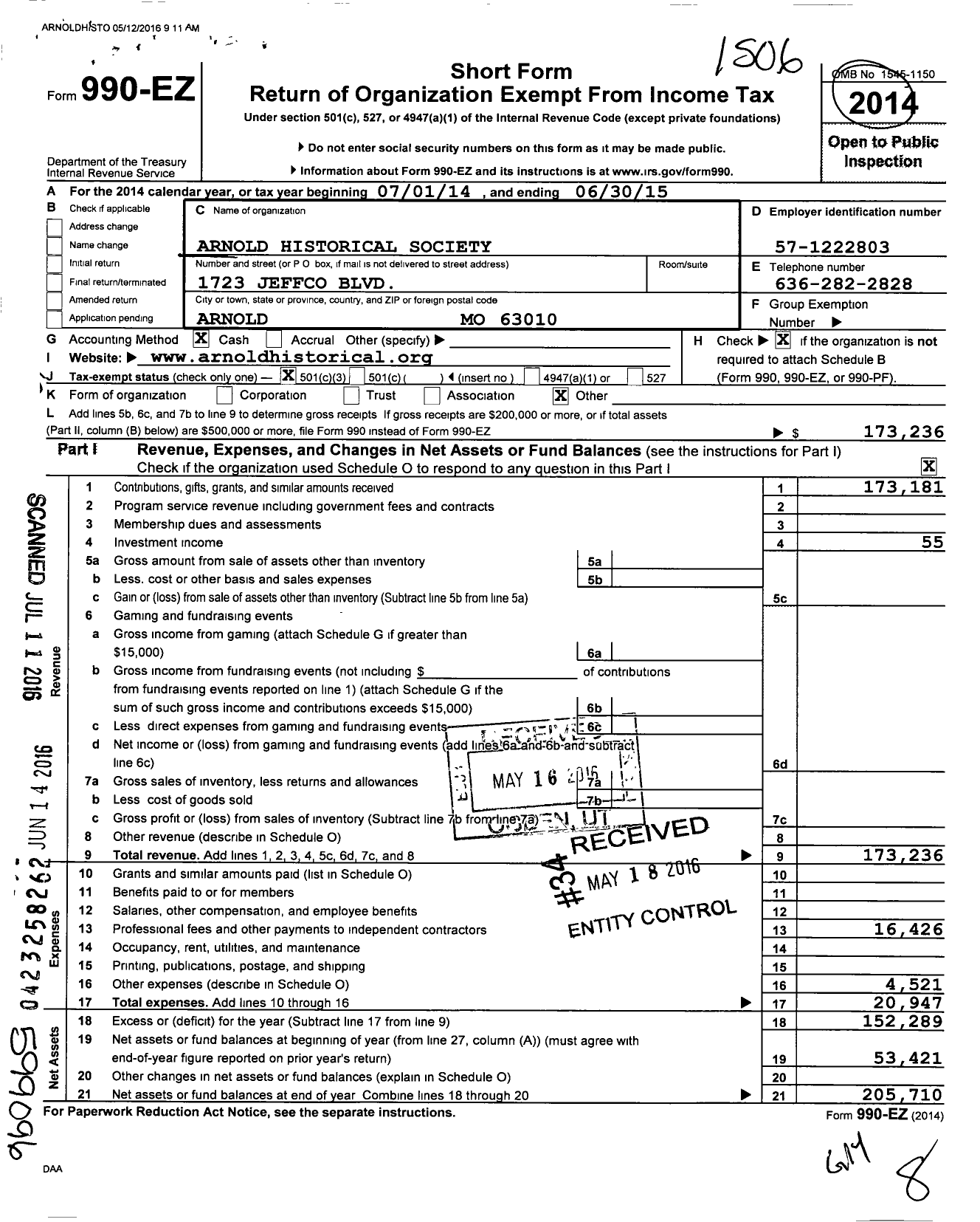 Image of first page of 2014 Form 990EZ for Arnold Missouri Historical Society