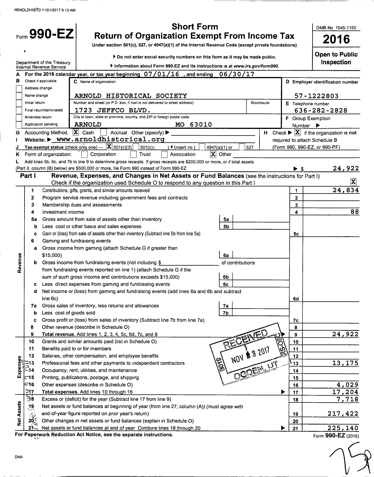 Image of first page of 2016 Form 990EZ for Arnold Missouri Historical Society