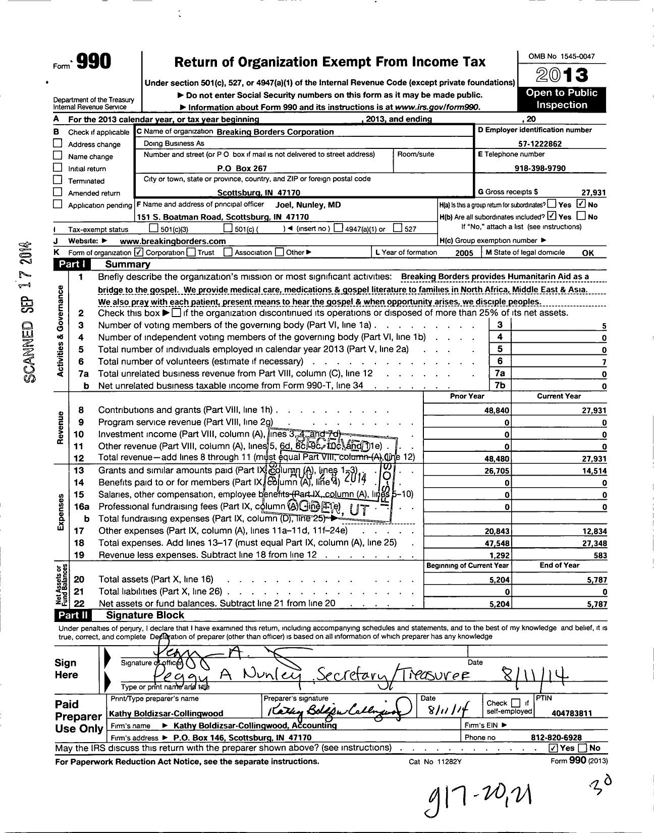 Image of first page of 2013 Form 990O for Breaking Borders Corporation