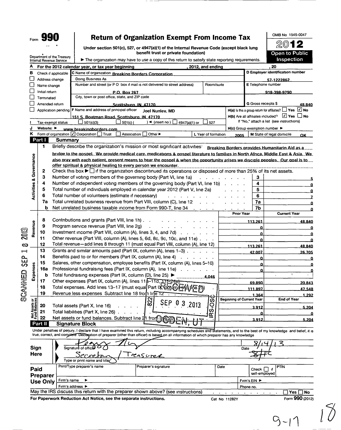 Image of first page of 2012 Form 990O for Breaking Borders Corporation