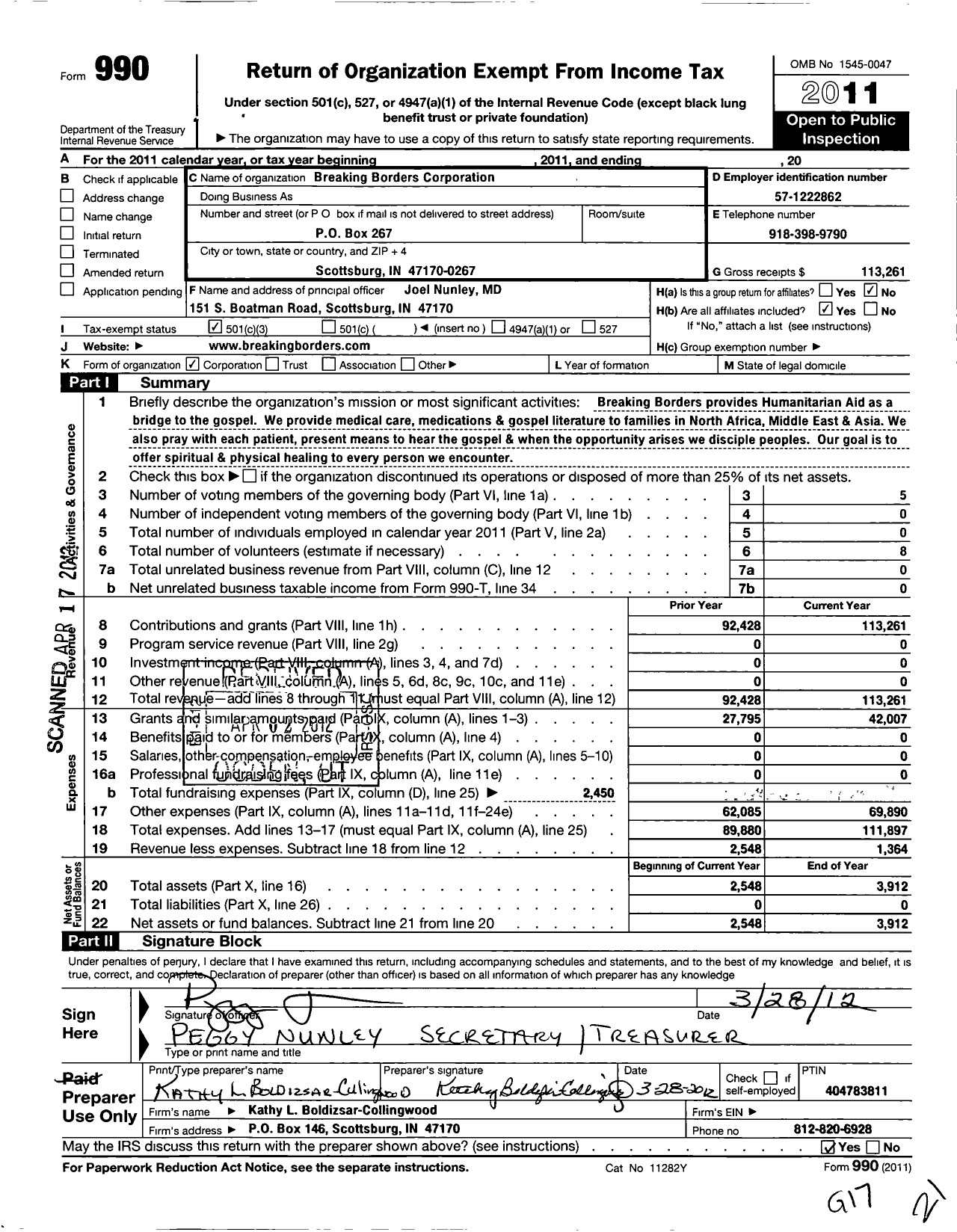 Image of first page of 2011 Form 990 for Breaking Borders Corporation