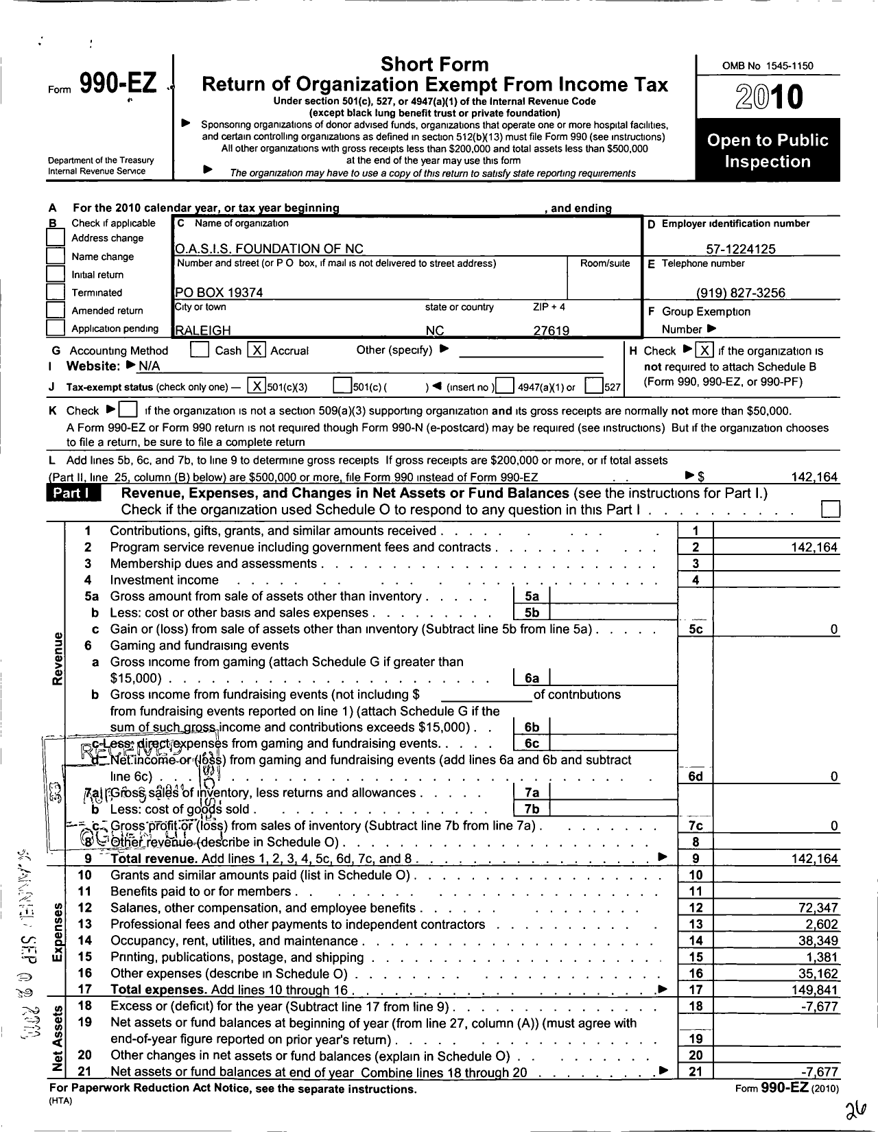 Image of first page of 2010 Form 990EZ for Oasis Foundation of NC