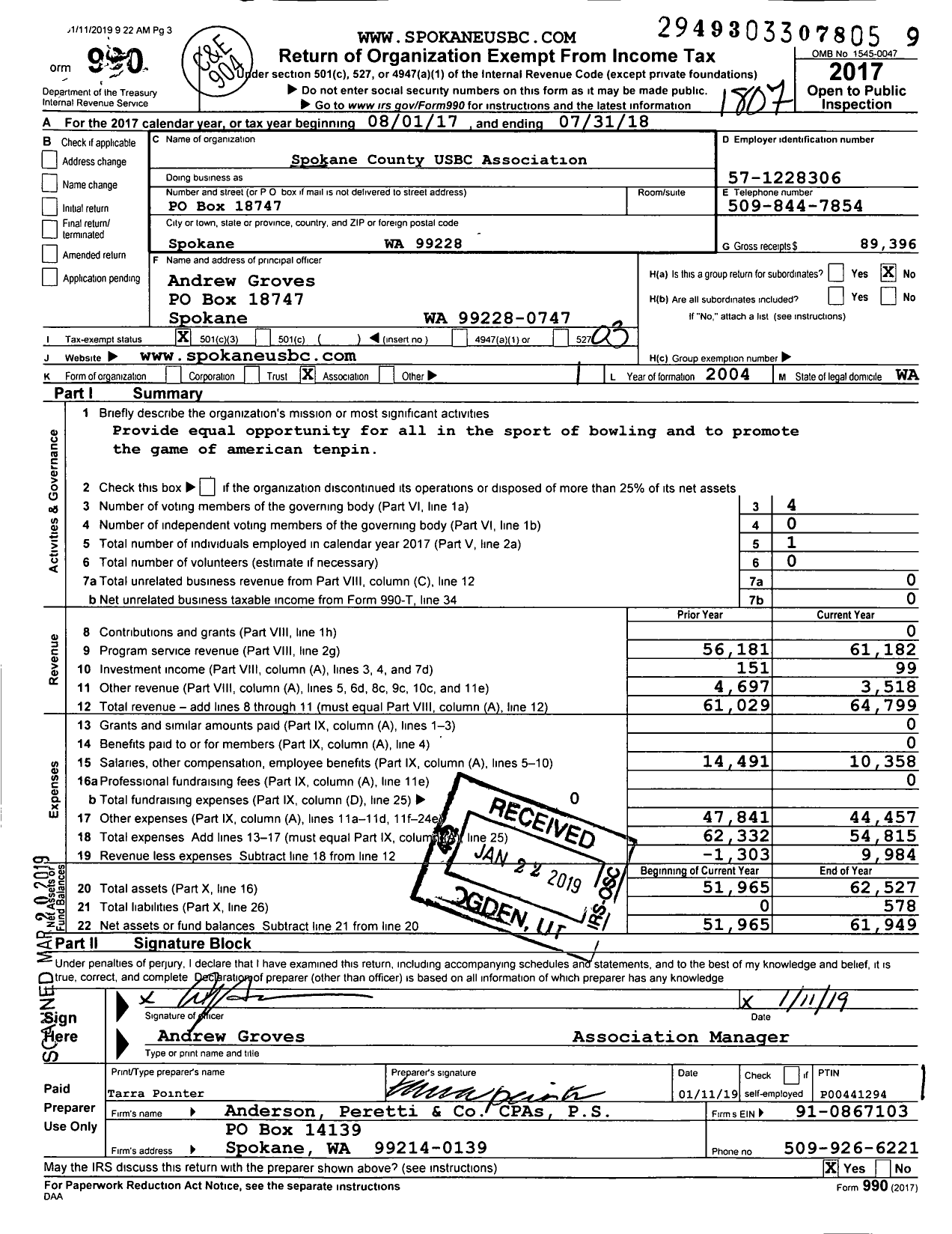 Image of first page of 2017 Form 990 for United States Bowling Congress - 80280 Spokane County Usbc