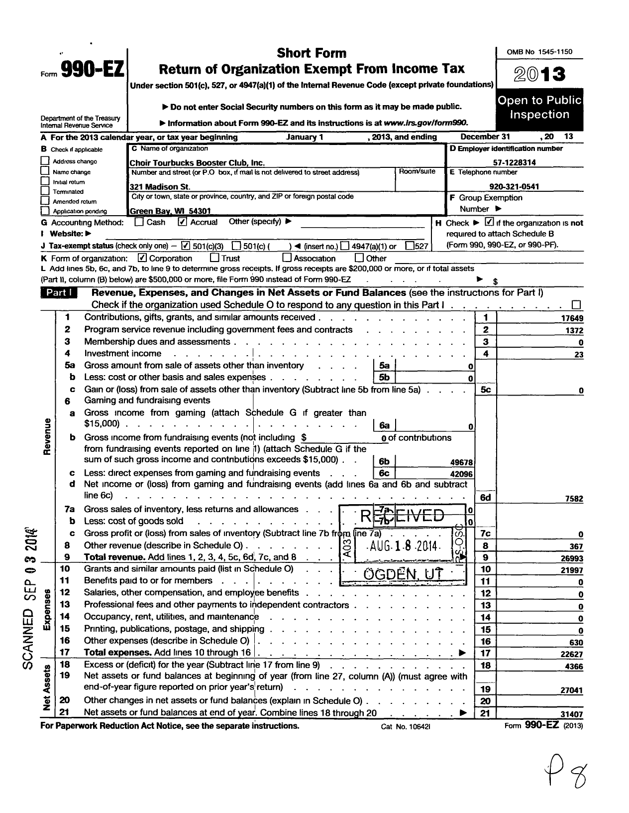 Image of first page of 2013 Form 990EZ for Choir Tourbucks Booster Club