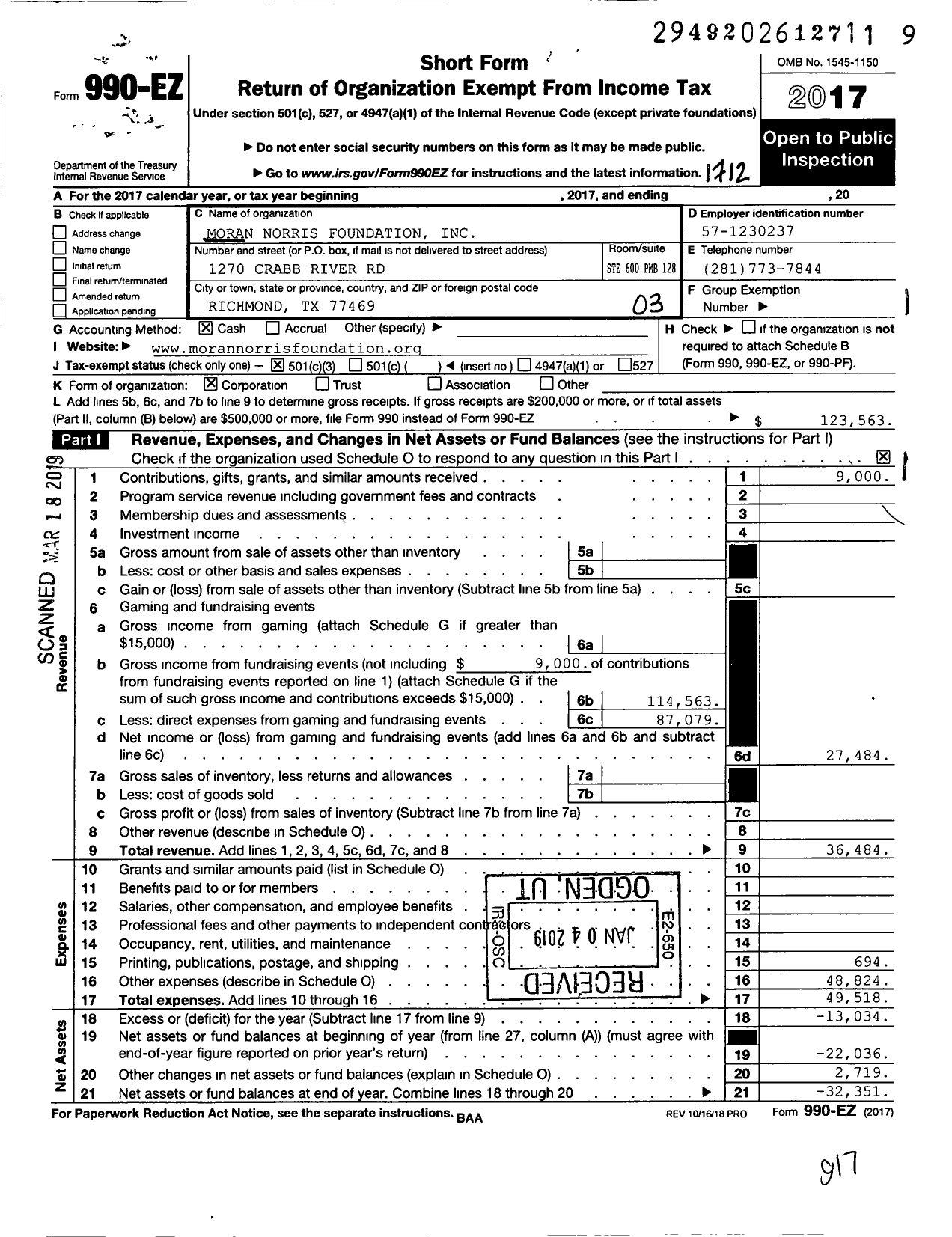 Image of first page of 2017 Form 990EZ for Moran Norris Foundation