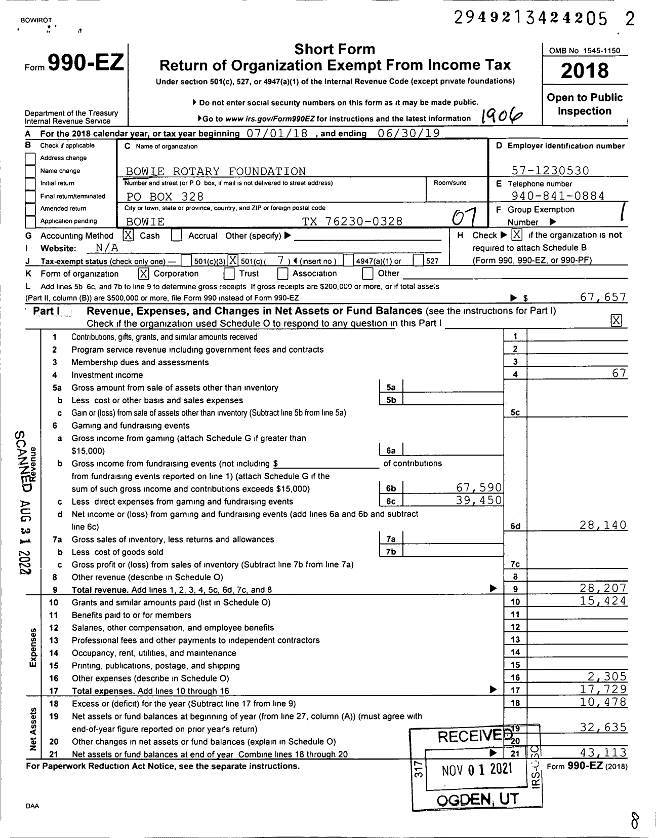 Image of first page of 2018 Form 990EO for Bowie Rotary Foundation