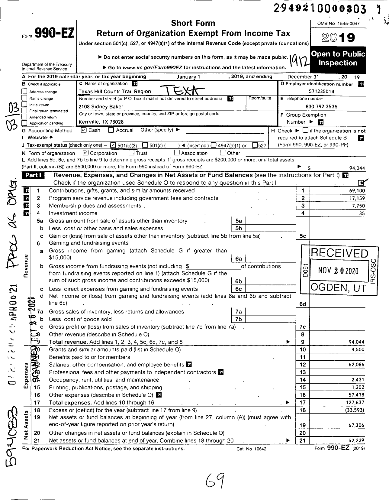 Image of first page of 2019 Form 990EZ for Texas Hill Country Trail Region