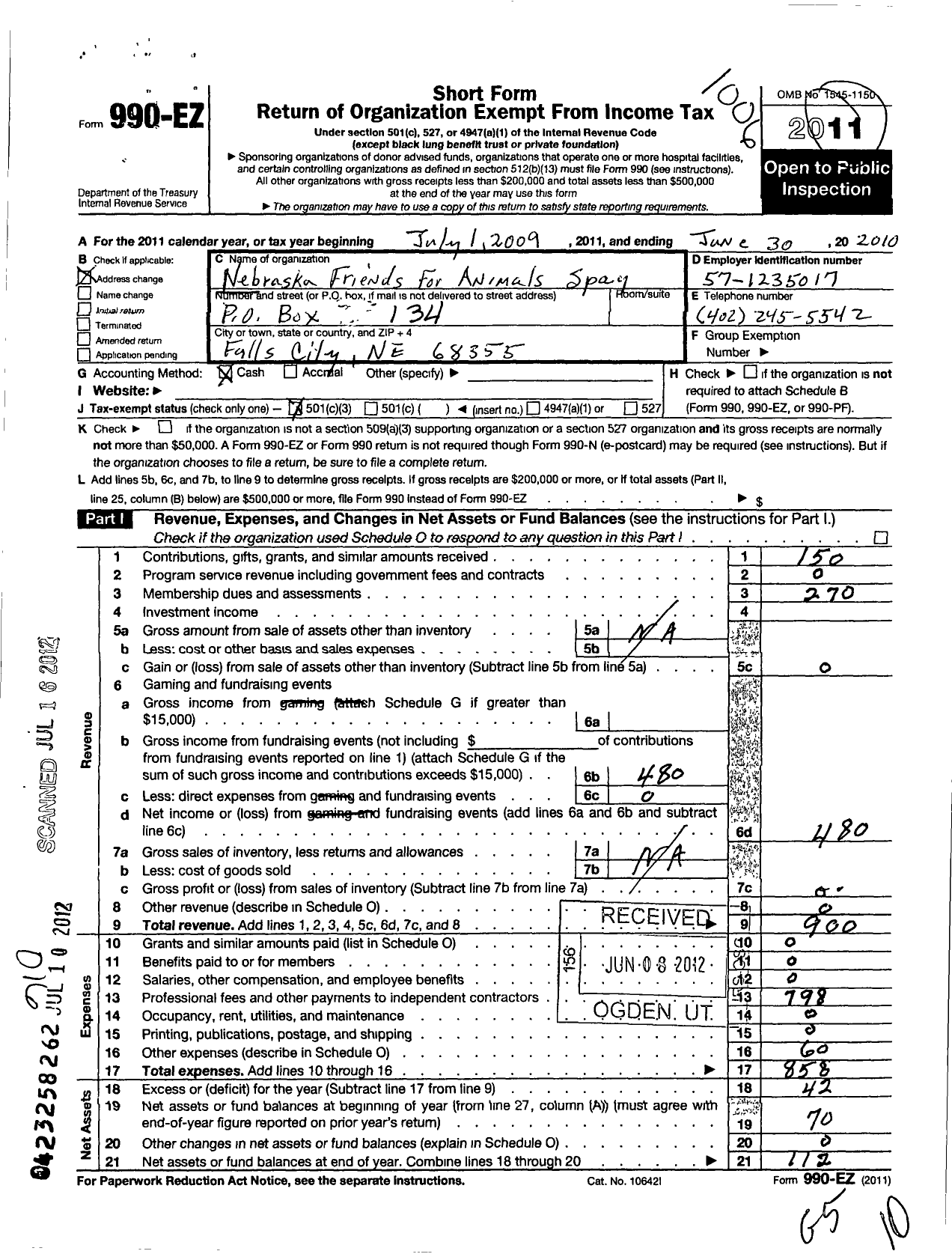 Image of first page of 2009 Form 990EZ for Nebraska Friends for Animals Spay Society