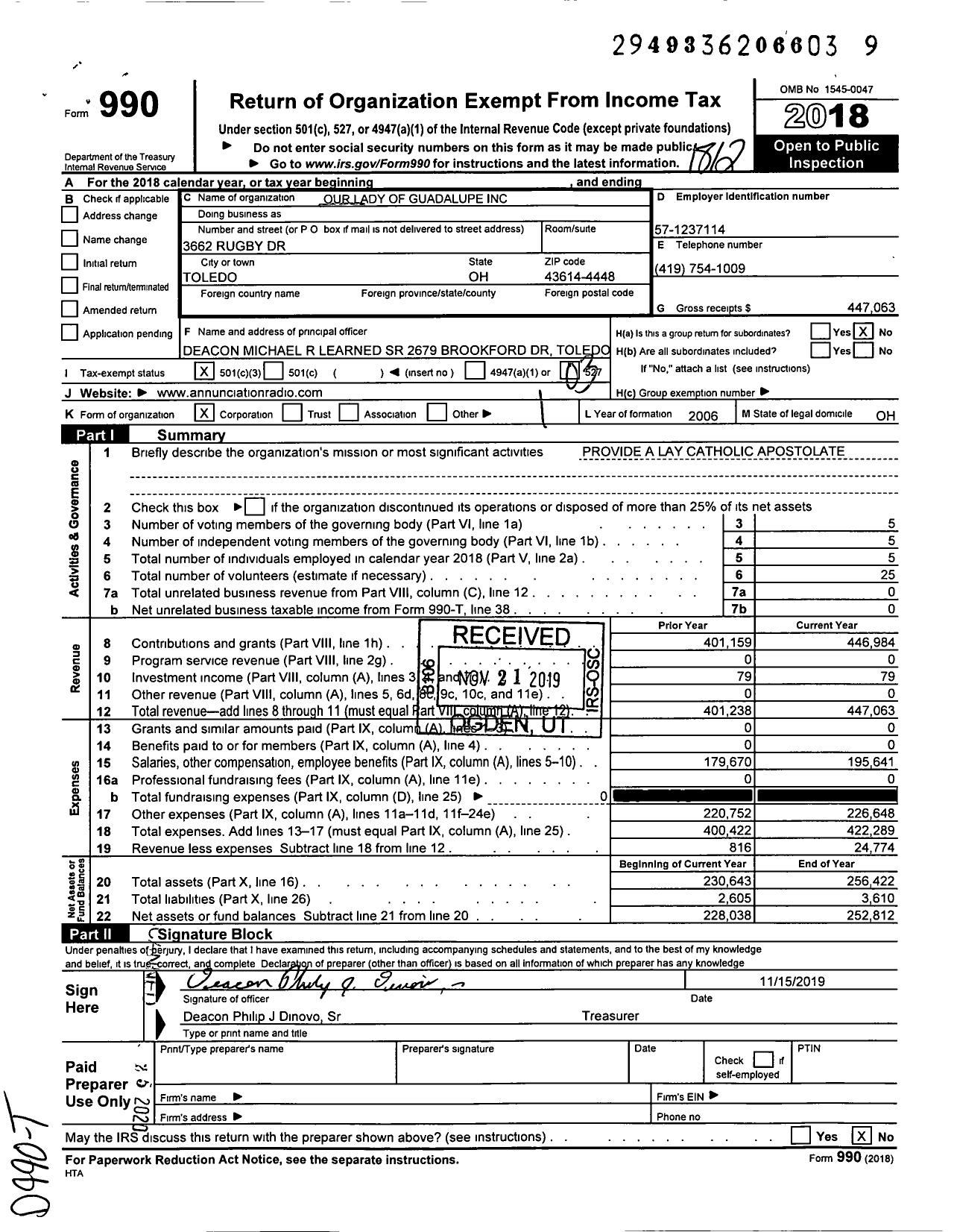 Image of first page of 2018 Form 990 for Our Lady of Guadalupe