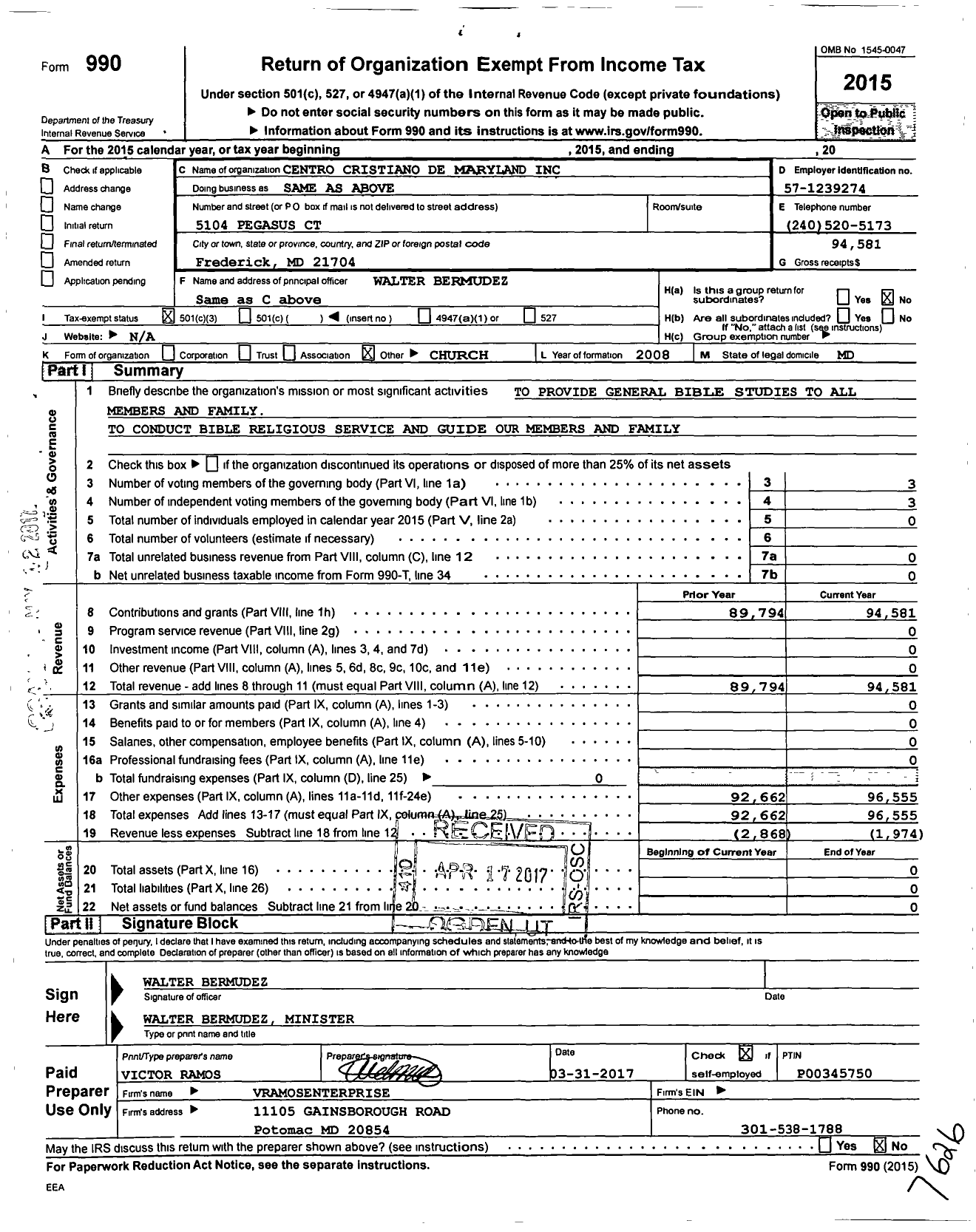 Image of first page of 2015 Form 990 for Centro Cristiano de Maryland