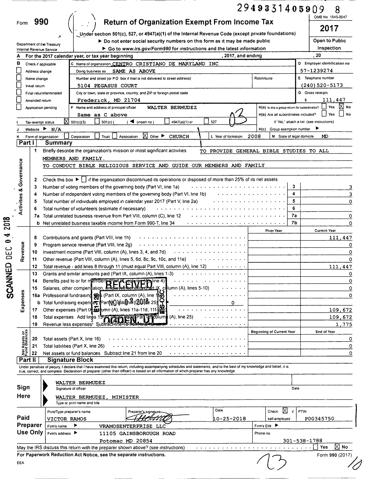 Image of first page of 2017 Form 990 for Centro Cristiano de Maryland