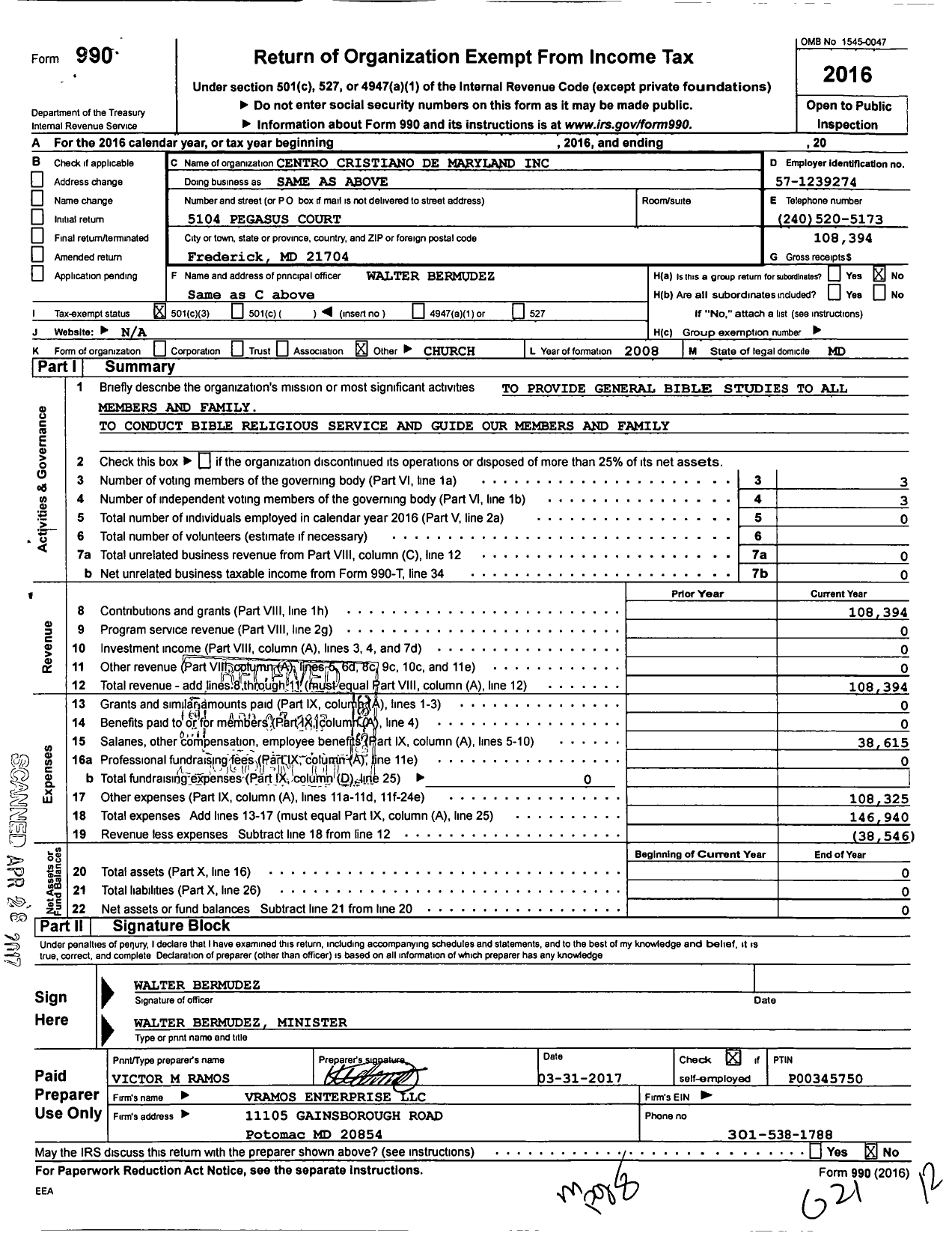 Image of first page of 2016 Form 990 for Centro Cristiano de Maryland