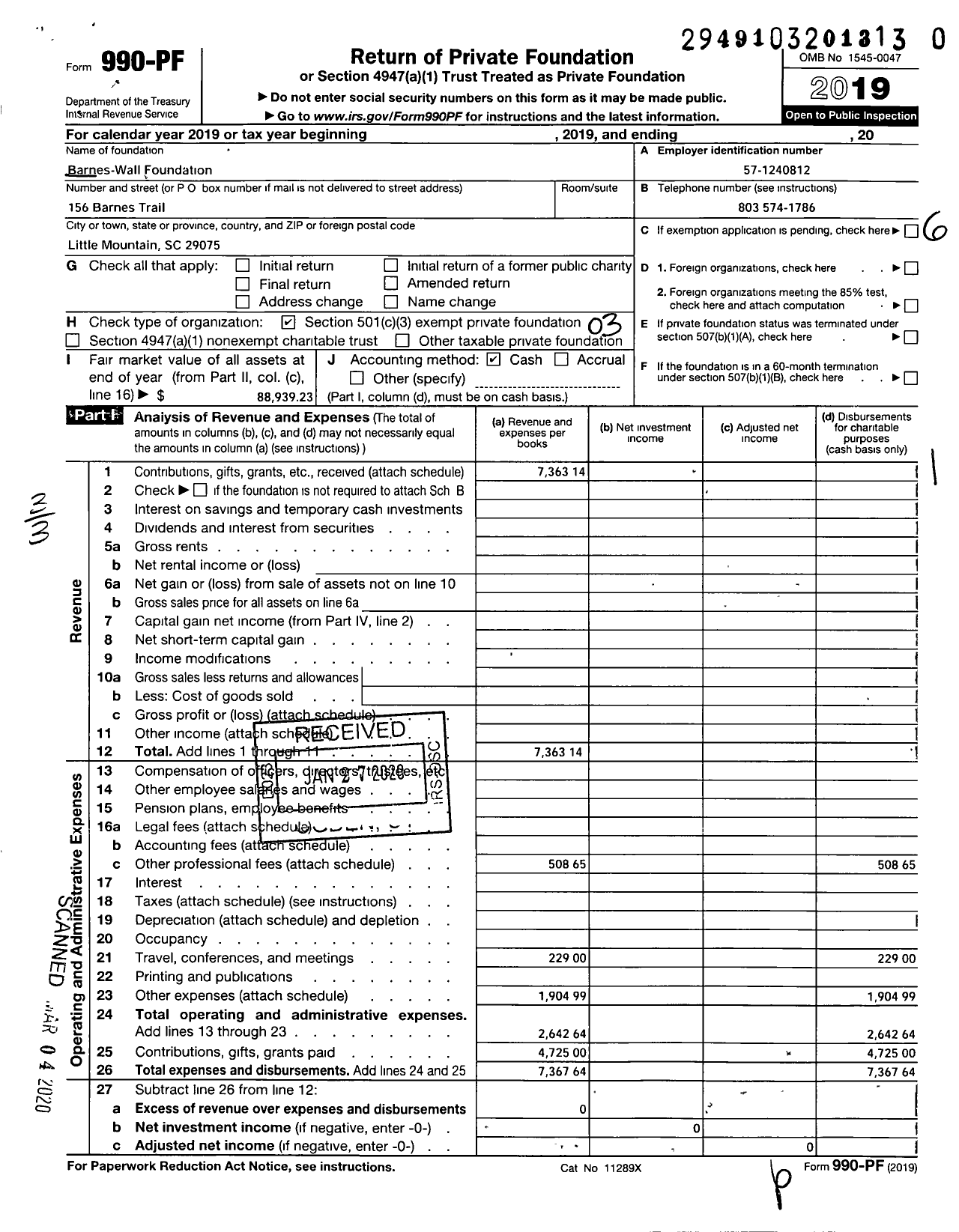 Image of first page of 2019 Form 990PR for Barnes-Wall Foundation