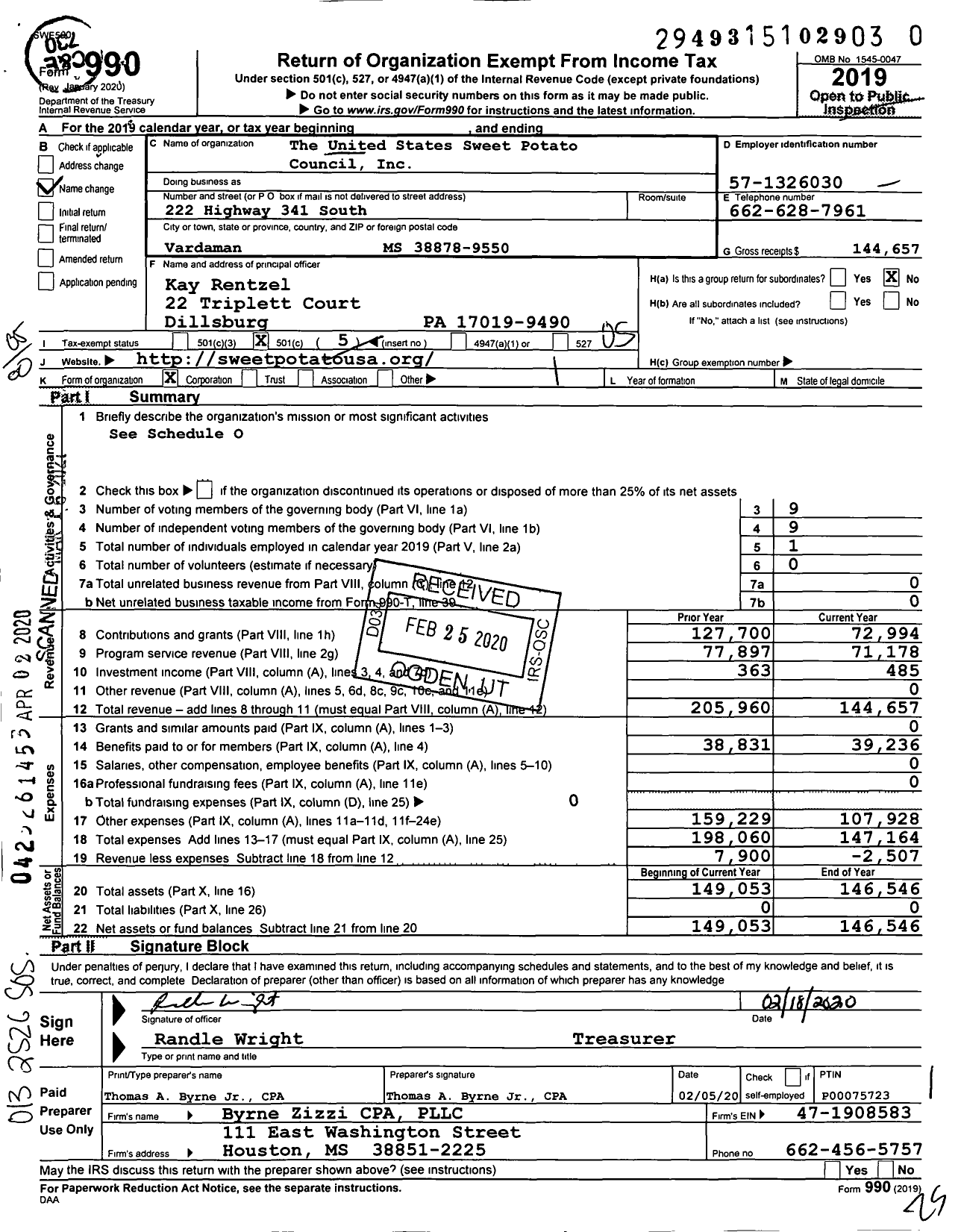 Image of first page of 2019 Form 990O for The United States Sweet Potato Council