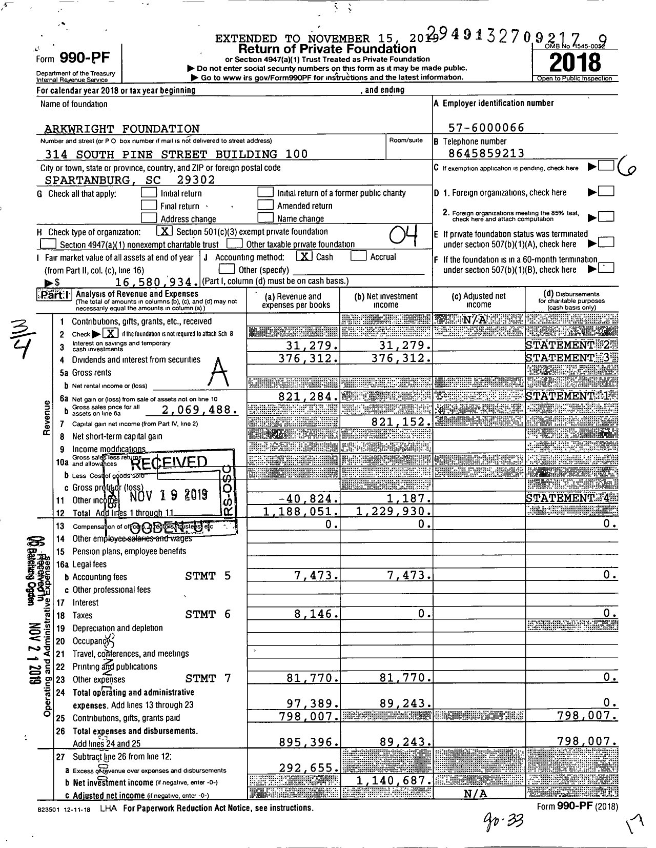 Image of first page of 2018 Form 990PF for Arkwright Foundation