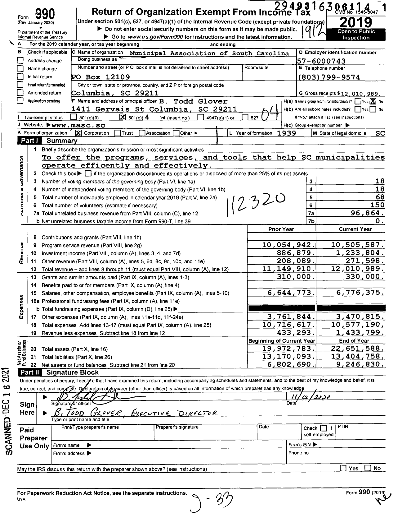 Image of first page of 2019 Form 990O for Municipal Association of South Carolina