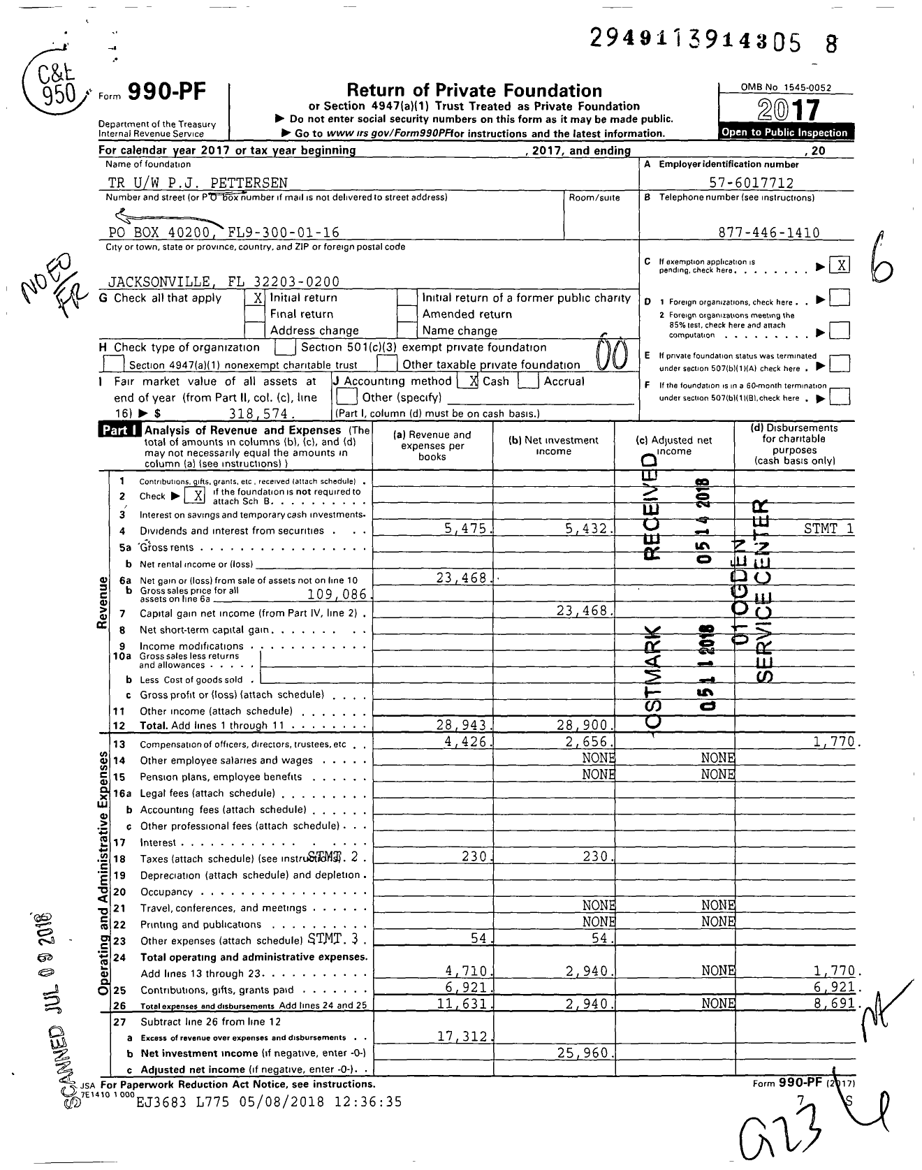 Image of first page of 2017 Form 990PF for TR Uw PJ Pettersen