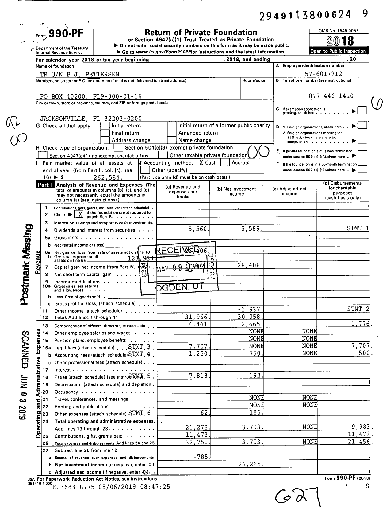 Image of first page of 2018 Form 990PF for TR Uw PJ Pettersen